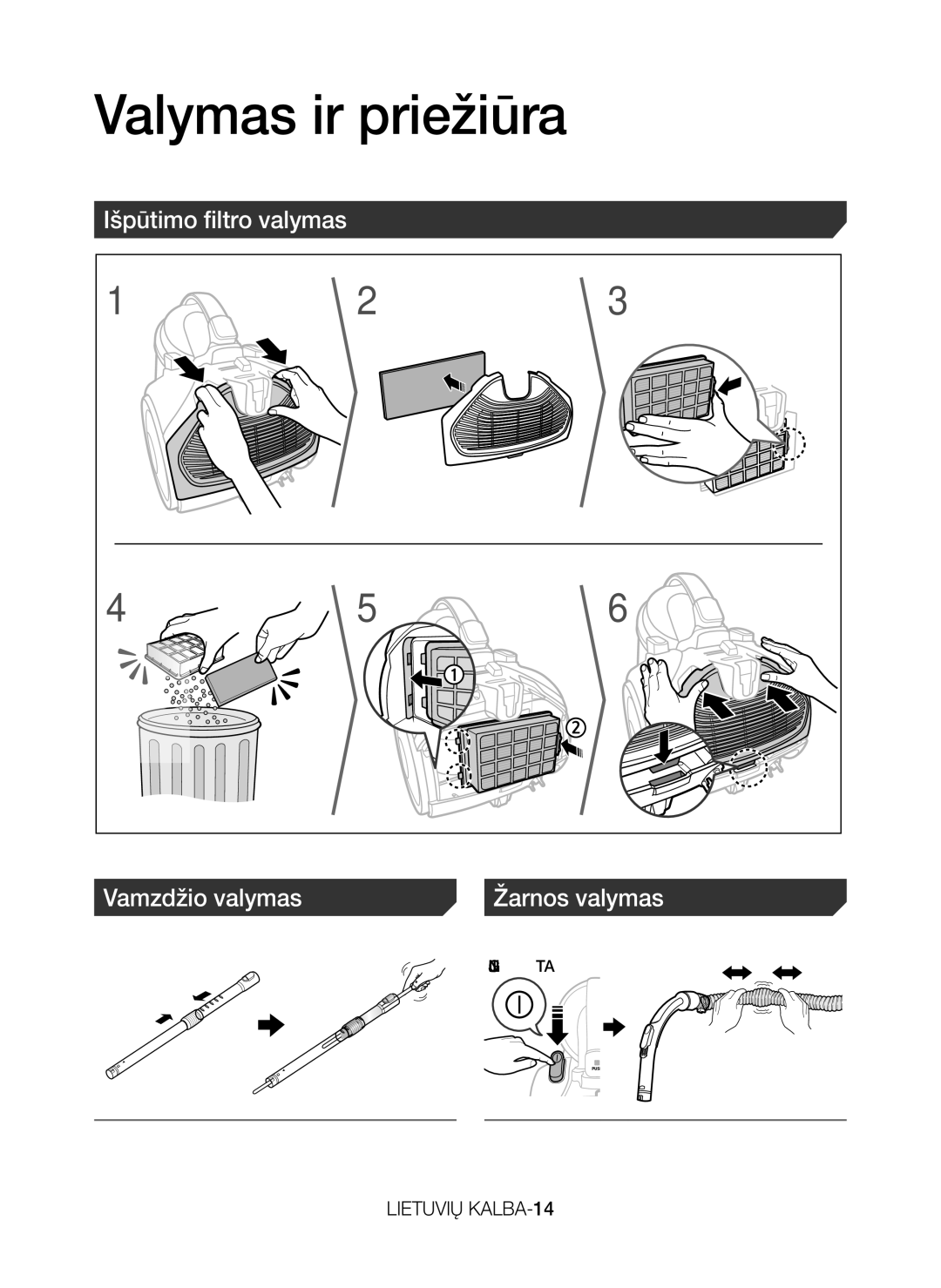 Samsung VC07H40E0VR/EF, VC07H40E0VR/EN, VC07H40F0VB/EF manual Išpūtimo filtro valymas Vamzdžio valymas Žarnos valymas 