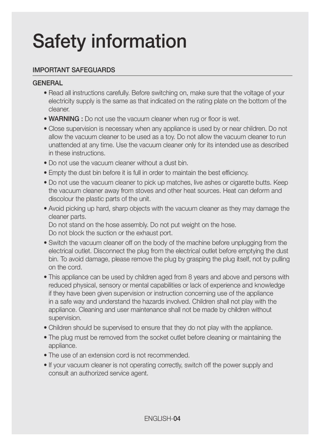 Samsung VC07H40H0VB/GE, VC07H40E0VR/EN, VC07H40F0VB/EF, VC07H40E0VR/EF manual Important Safeguards General, ENGLISH-04 