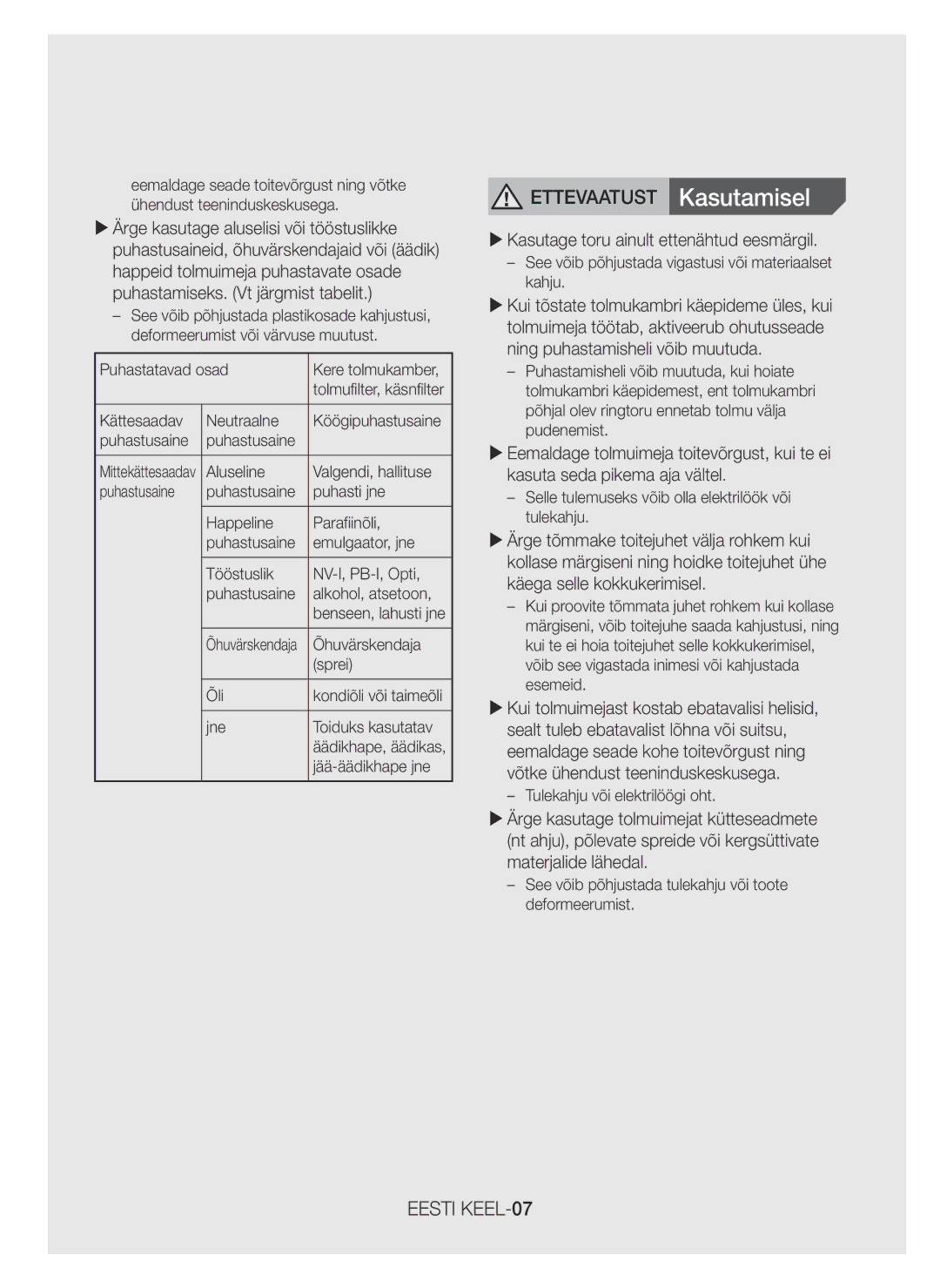 Samsung VC07H40F0VB/EF, VC07H40E0VR/EN, VC07H40E0VR/EF manual Eesti KEEL-07, XXKasutage toru ainult ettenähtud eesmärgil 