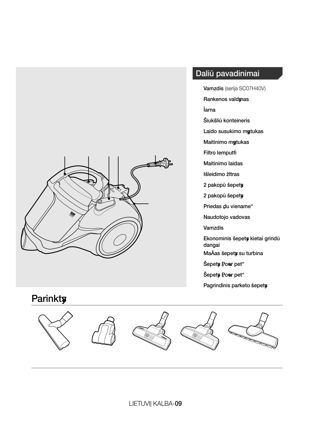 Samsung VC07H40G0VY/SB, VC07H40E0VR/EN, VC07H40F0VB/EF, VC07H40E0VR/EF, VC07H40F0VB/GE manual Parinktys, Dalių pavadinimai 