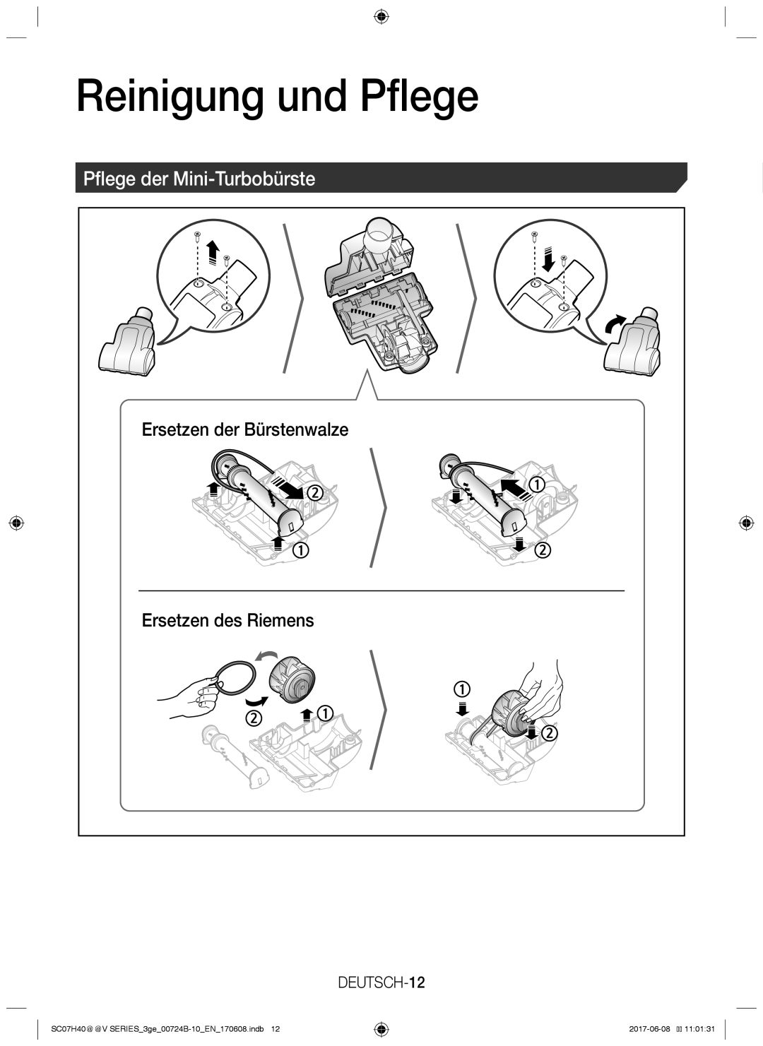 Samsung VC07H40F0VB/GE, VC07H40E0VR/GE, VC07H40E0VR/EN, VC07H40F0VB/EG manual Pflege der Mini-Turbobürste, DEUTSCH-12 