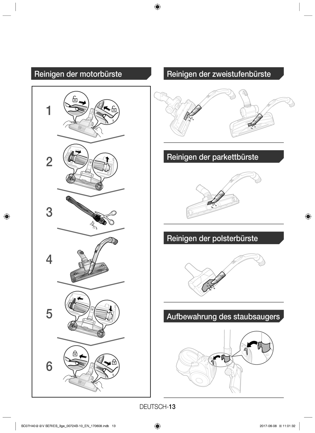Samsung VC07K41H0HG/GE, VC07H40E0VR/GE, VC07H40E0VR/EN, VC07H40F0VB/EG, VC07H40E0VR/EC Reinigen der motorbürste, DEUTSCH-13 