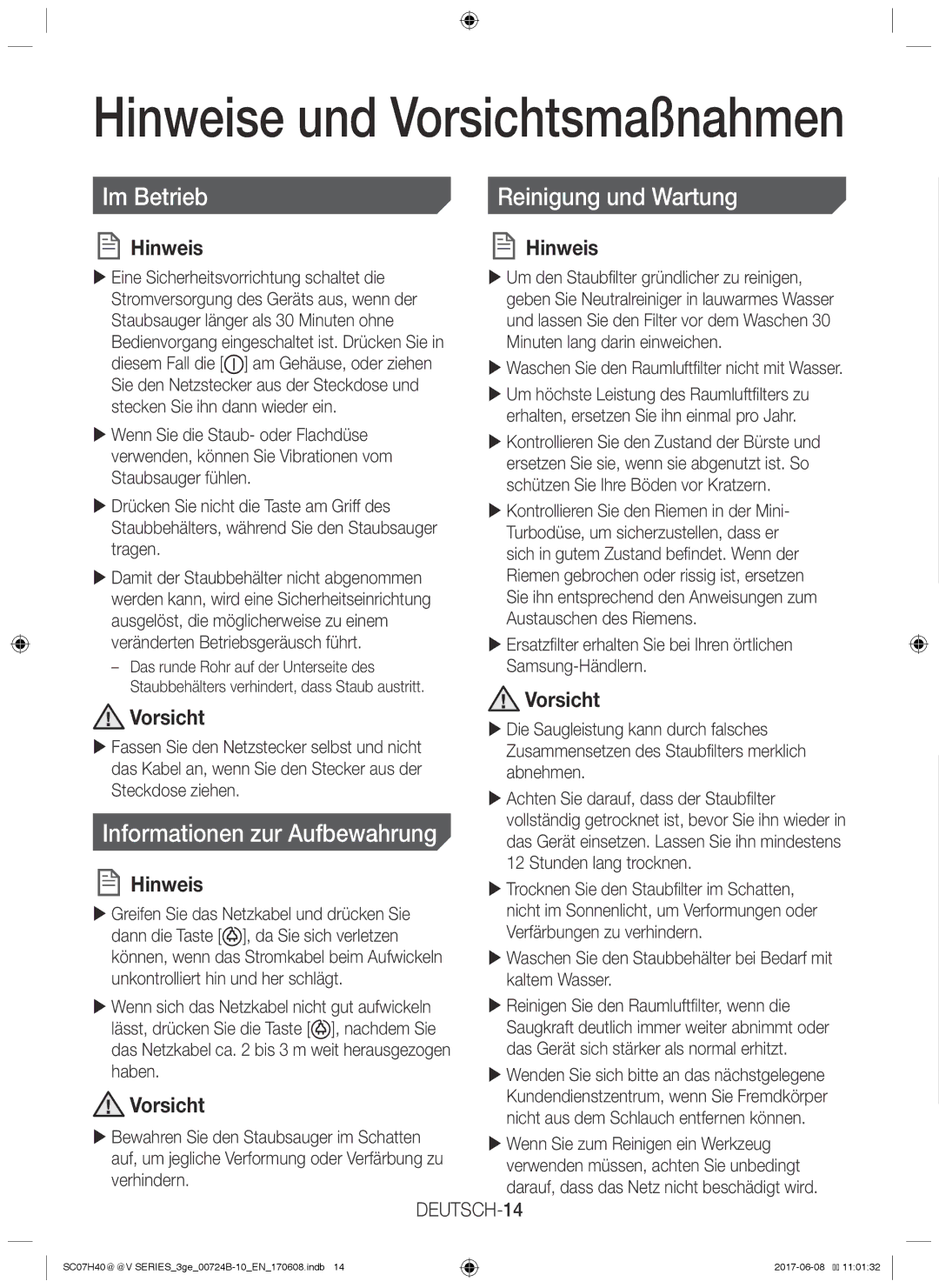 Samsung VC07K41F0VR/EG, VC07H40E0VR/GE manual Im Betrieb Reinigung und Wartung, Informationen zur Aufbewahrung, DEUTSCH-14 