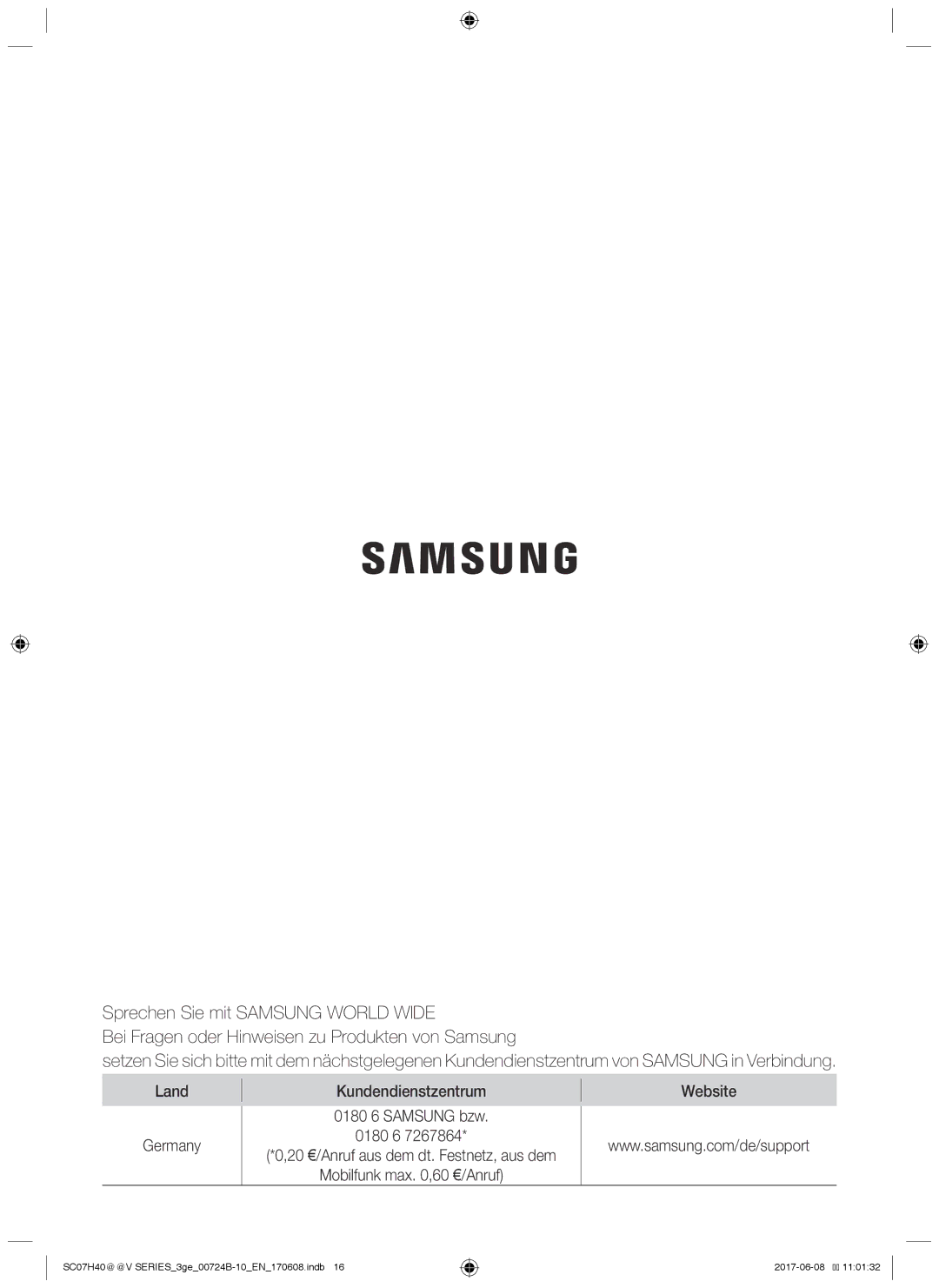 Samsung VC07K41H0HG/EN, VC07H40E0VR/GE, VC07H40E0VR/EN, VC07H40F0VB/EG, VC07H40E0VR/EC manual Land Kundendienstzentrum Website 