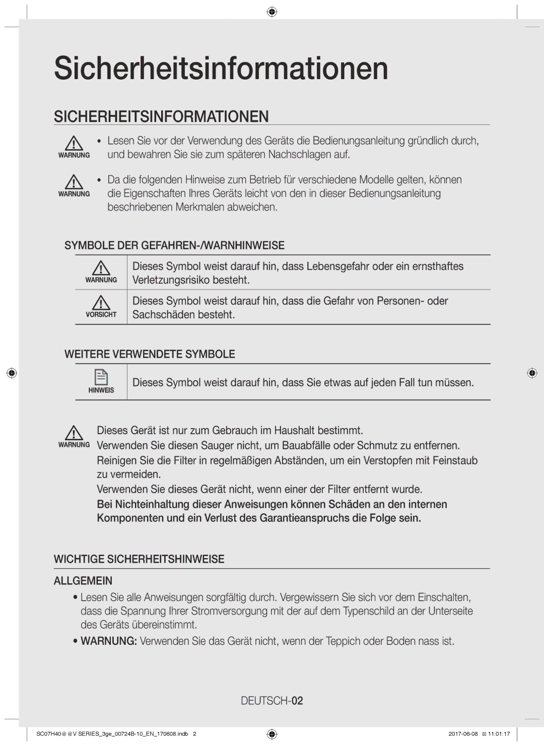 Samsung VC07H40F0VB/EG manual Sicherheitsinformationen, Symbole DER GEFAHREN-/WARNHINWEISE, Weitere Verwendete Symbole 