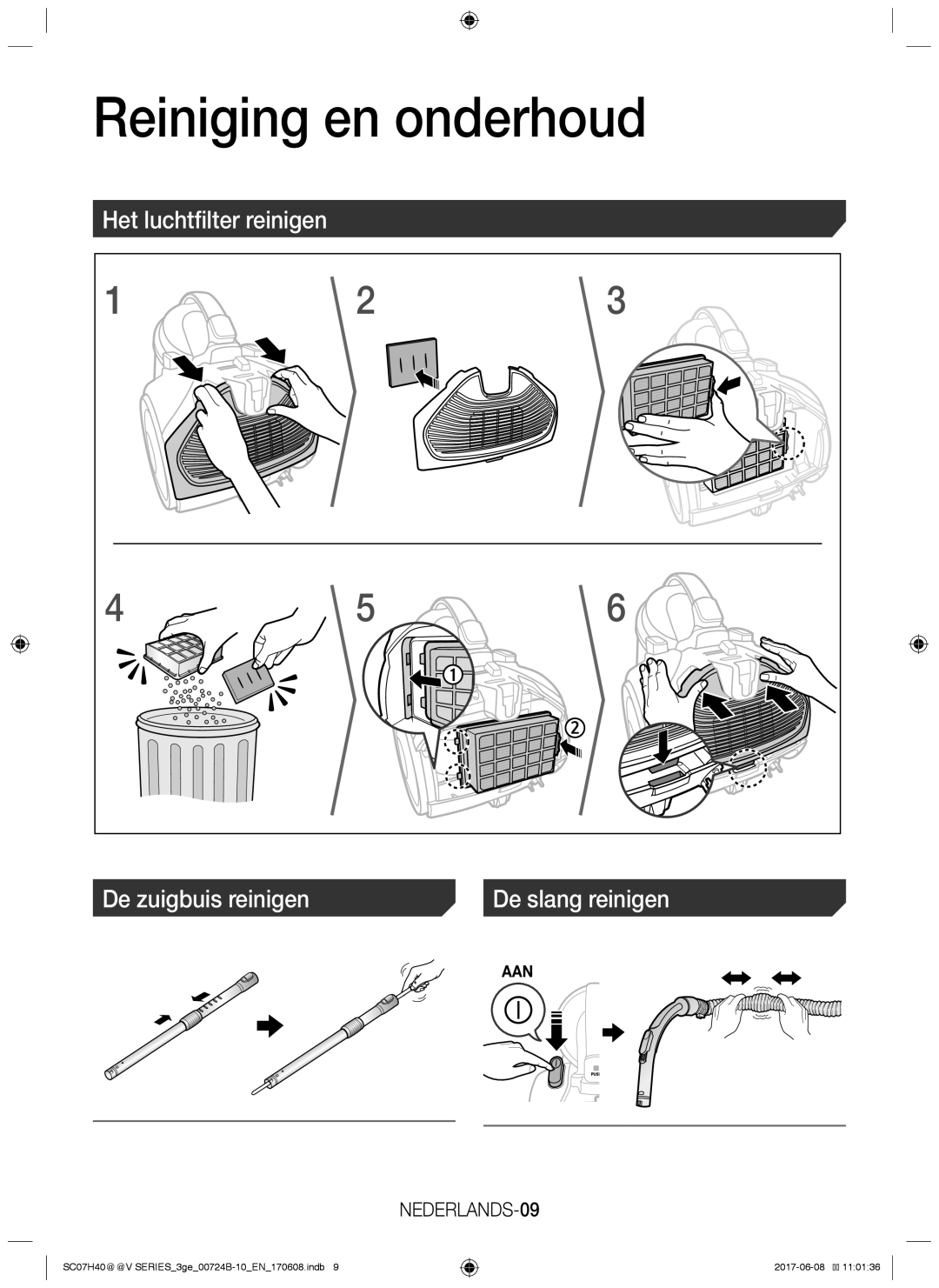 Samsung VC07H40E0VR/EC manual Reiniging en onderhoud, Het luchtfilter reinigen De zuigbuis reinigen, NEDERLANDS-09 