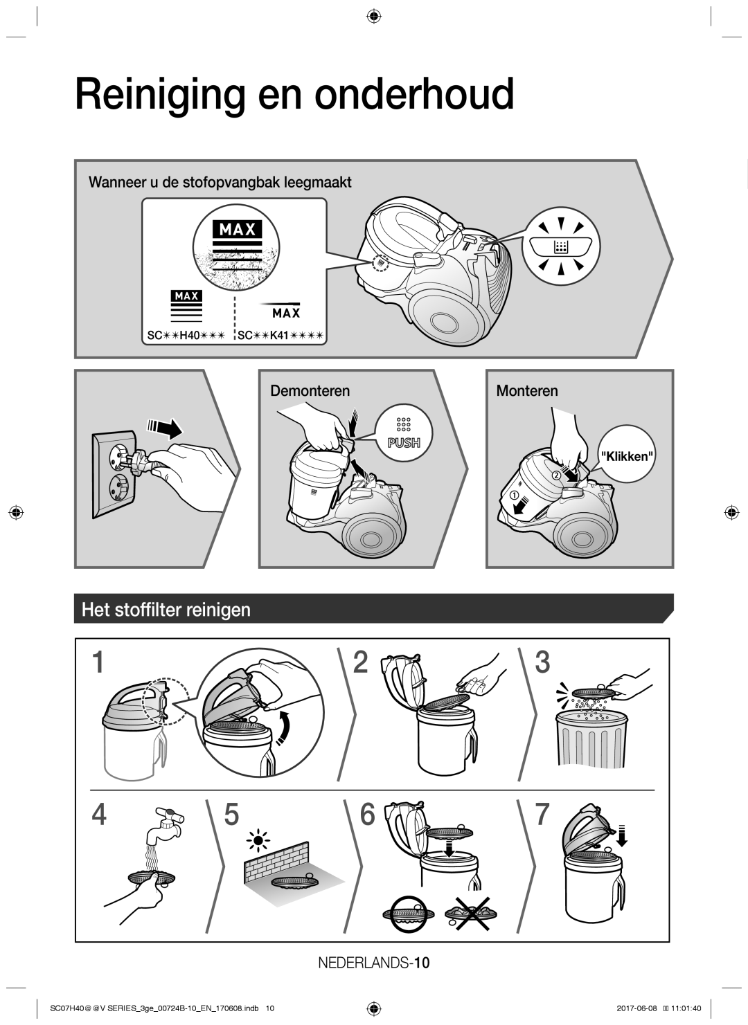 Samsung VC07K41E0VY/EG Het stoffilter reinigen, Wanneer u de stofopvangbak leegmaakt, Demonteren Monteren, NEDERLANDS-10 