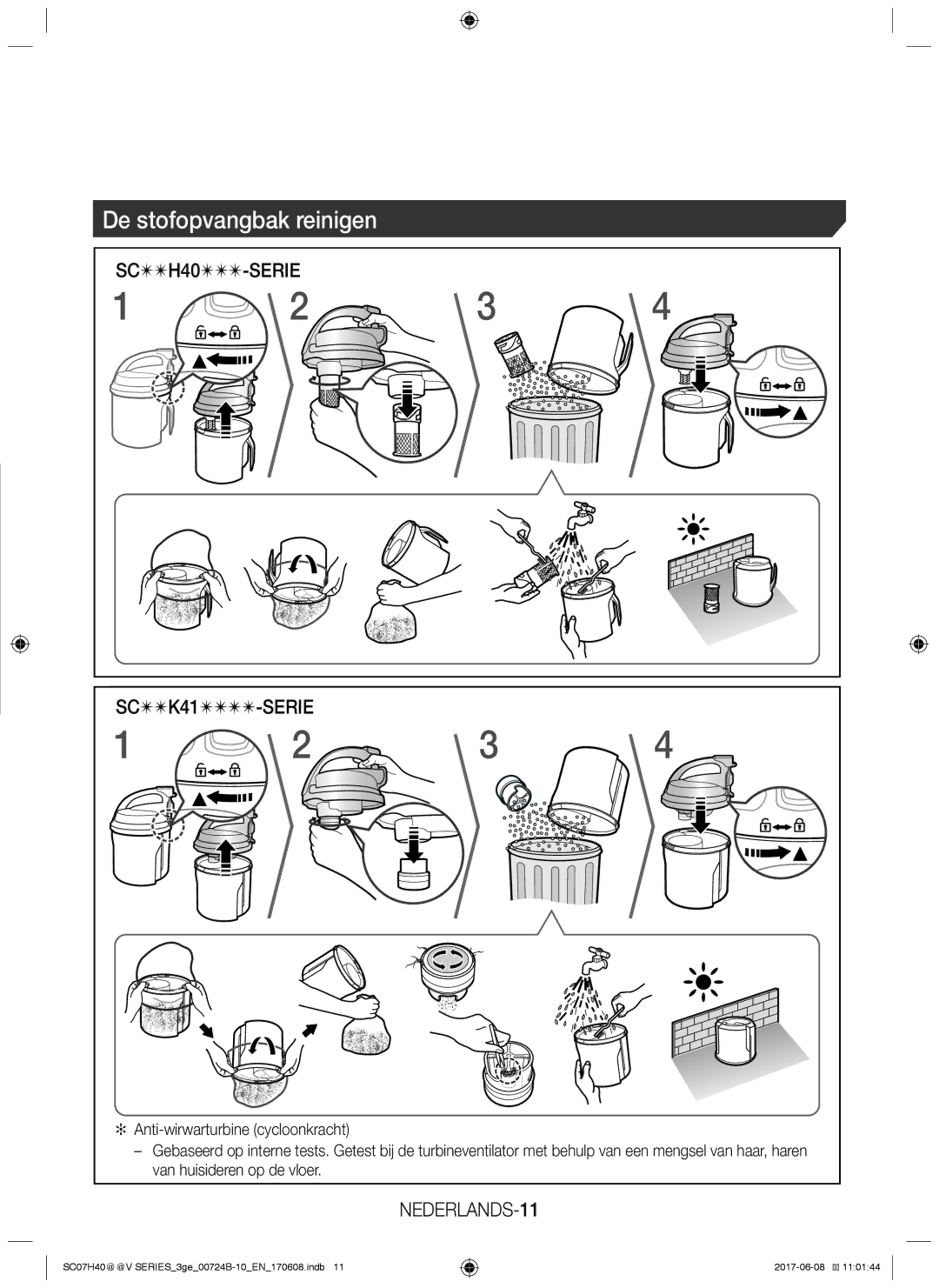 Samsung VC07K41F0VR/GE, VC07H40E0VR/GE manual De stofopvangbak reinigen, SC H40 -SERIE SC K41 -SERIE, NEDERLANDS-11 