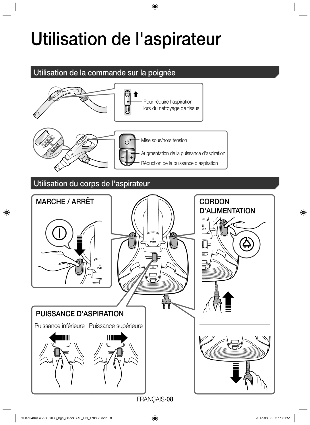 Samsung VC07H40F0VB/EN, VC07H40E0VR/GE Utilisation de laspirateur, Utilisation de la commande sur la poignée, FRANÇAIS-08 