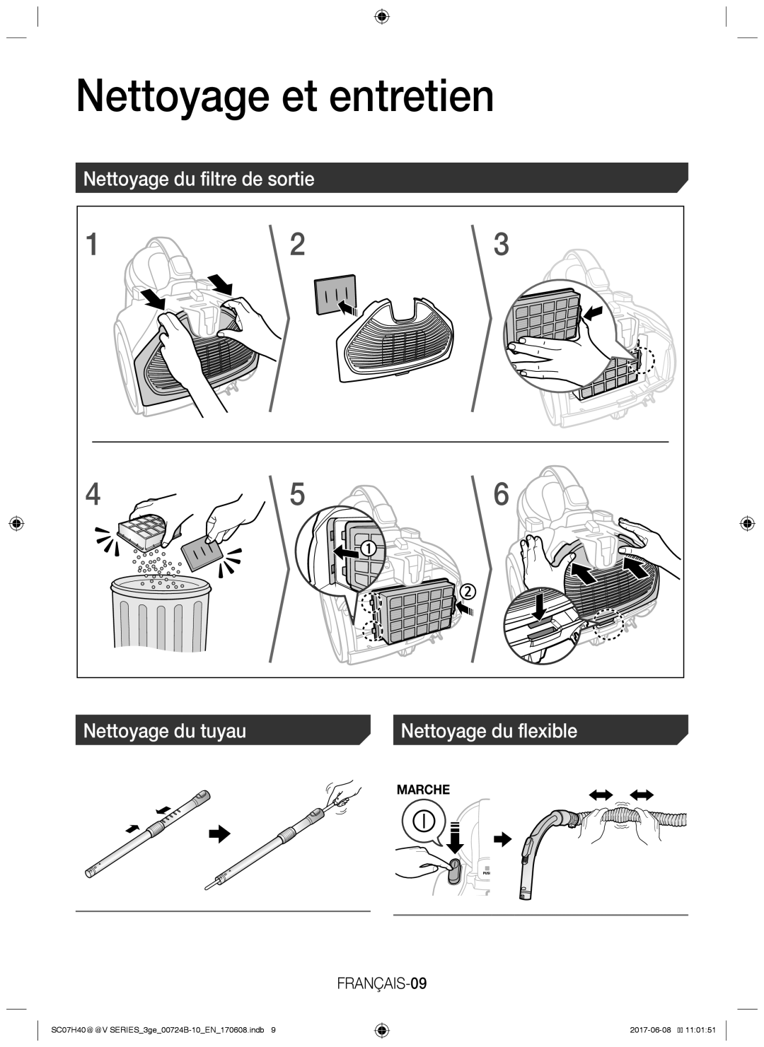 Samsung VC07K41F0HP/EN manual Nettoyage et entretien, Nettoyage du filtre de sortie Nettoyage du tuyau, FRANÇAIS-09 