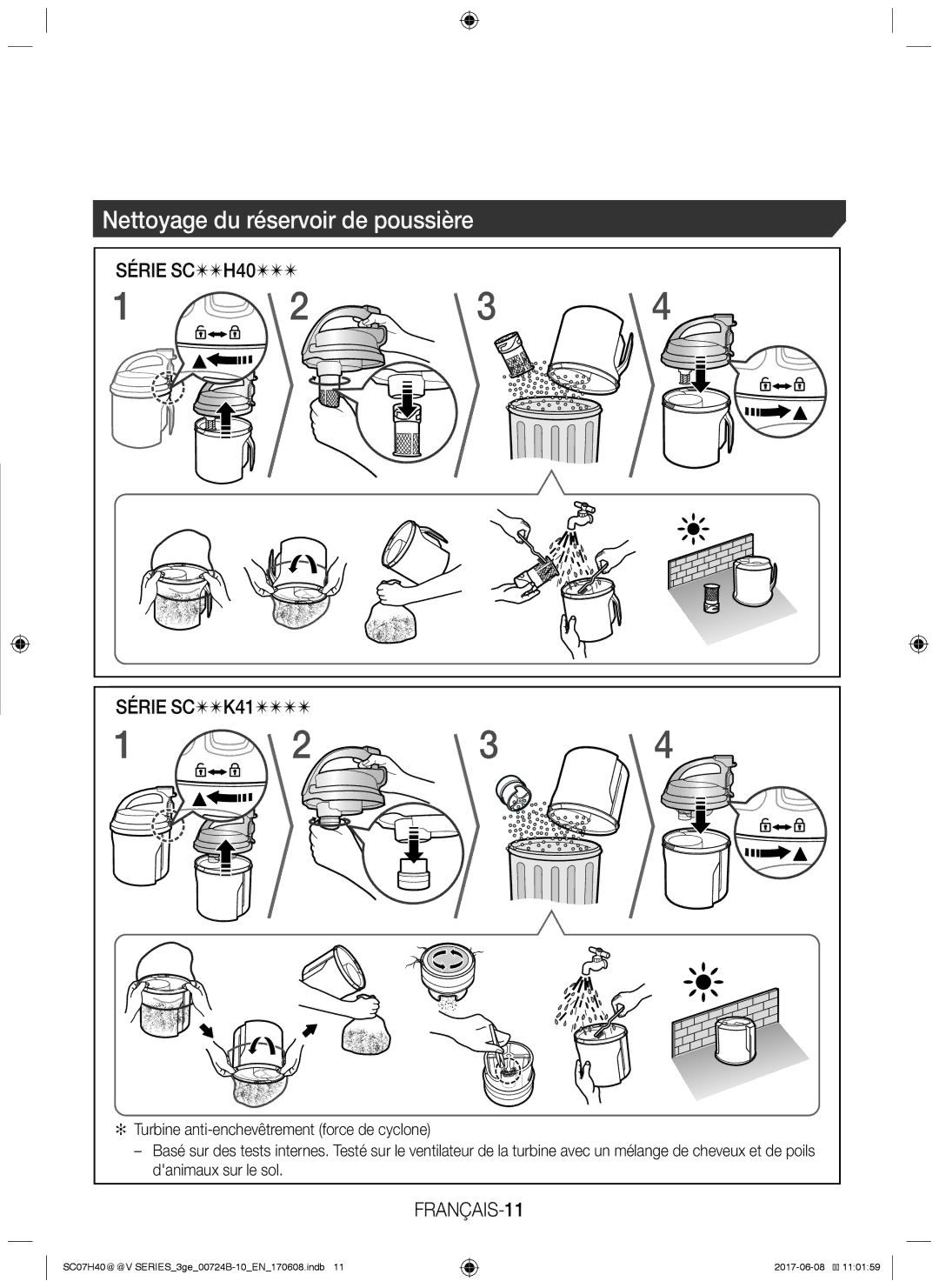 Samsung VC07H40G0VY/GE, VC07H40E0VR/GE, VC07H40E0VR/EN, VC07H40F0VB/EG manual Nettoyage du réservoir de poussière, FRANÇAIS-11 