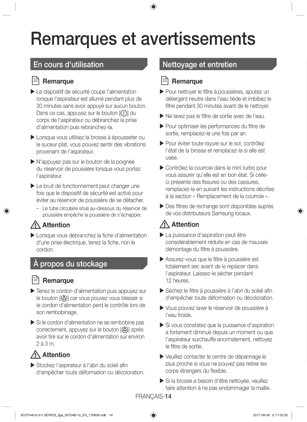 Samsung VC07H40F0VB/EG, VC07H40E0VR/GE, VC07H40E0VR/EN manual Remarques et avertissements, Propos du stockage, FRANÇAIS-14 