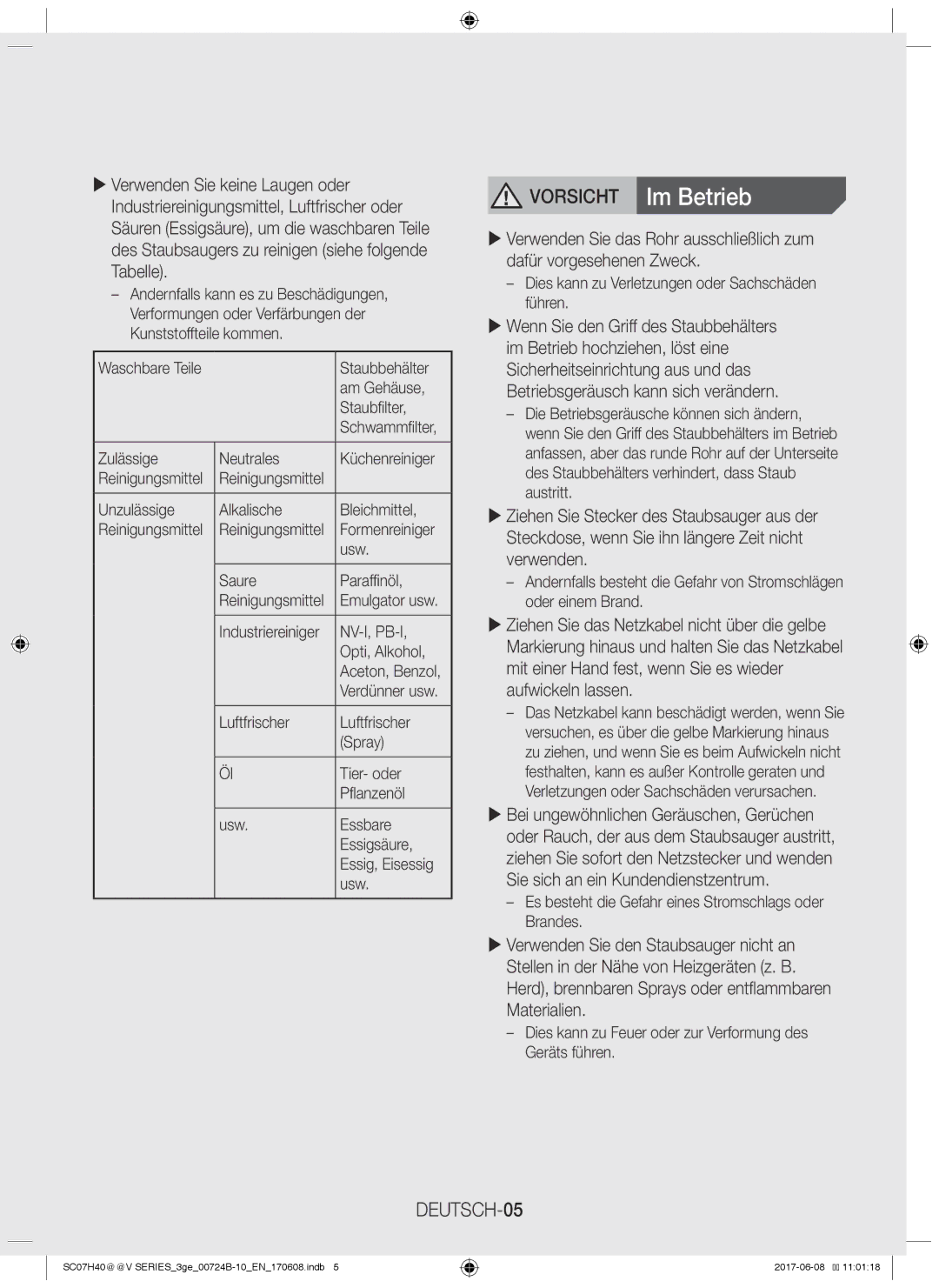 Samsung VC07K41F0VR/GE, VC07H40E0VR/GE, VC07H40E0VR/EN, VC07H40F0VB/EG, VC07H40E0VR/EC manual Vorsicht Im Betrieb, DEUTSCH-05 