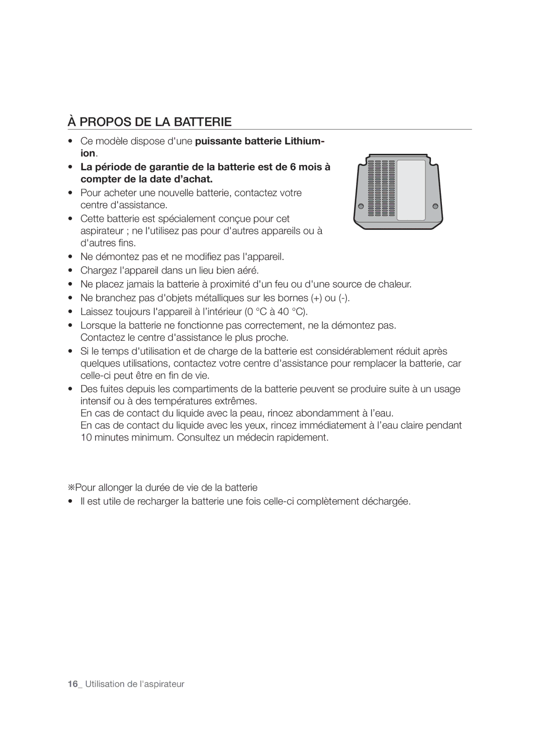 Samsung VC07H8150HQ/EF manual Propos DE LA Batterie 