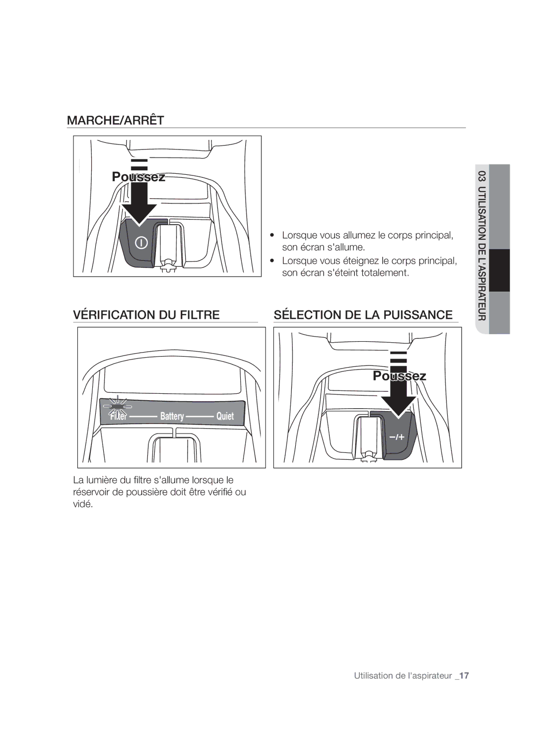 Samsung VC07H8150HQ/EF manual Marche/Arrêt, Vérification DU Filtre, Sélection DE LA Puissance 