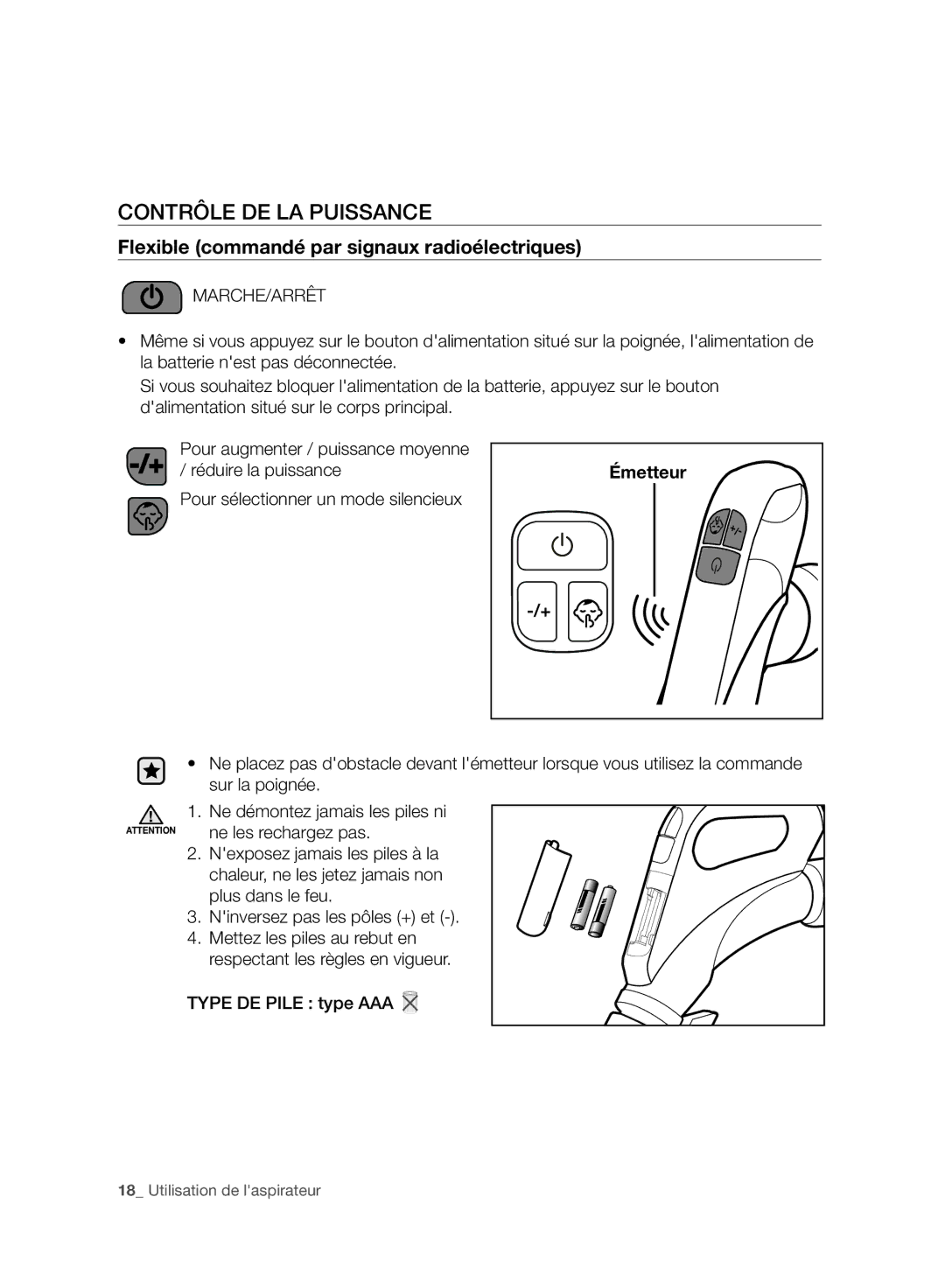 Samsung VC07H8150HQ/EF manual Contrôle DE LA Puissance, Flexible commandé par signaux radioélectriques 