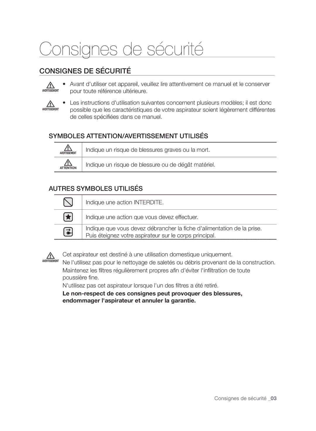 Samsung VC07H8150HQ/EF manual Consignes de sécurité, Consignes DE Sécurité 