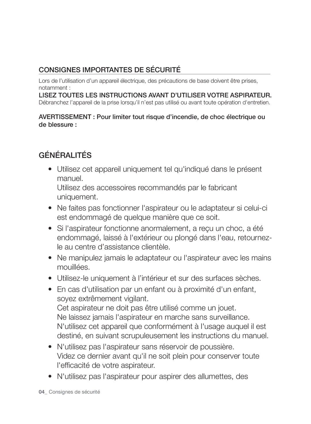 Samsung VC07H8150HQ/EF manual Généralités, Consignes Importantes DE Sécurité 