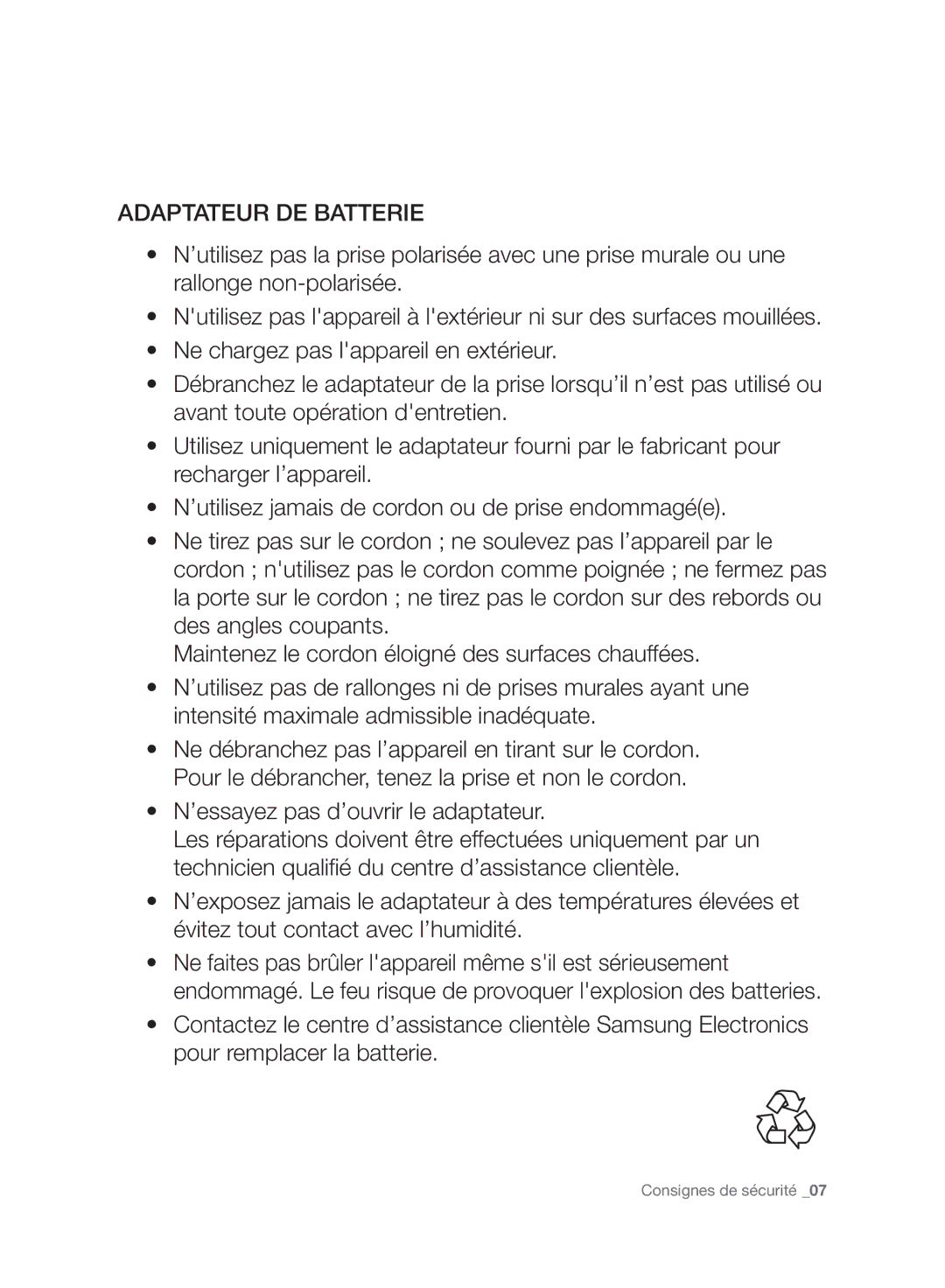 Samsung VC07H8150HQ/EF manual Adaptateur DE Batterie 