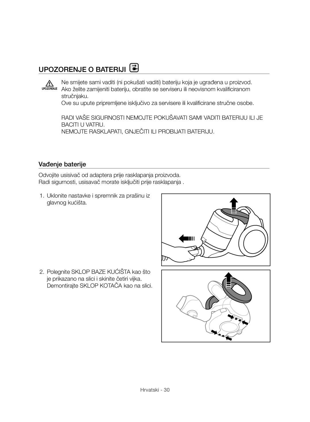 Samsung VC07H8150HQ/GE manual Upozorenje O Bateriji, Vađenje baterije 