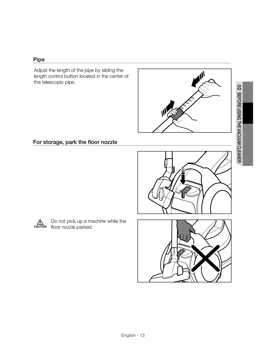 Samsung VC07H8150HQ/GE manual Pipe, For storage, park the ﬂoor nozzle 