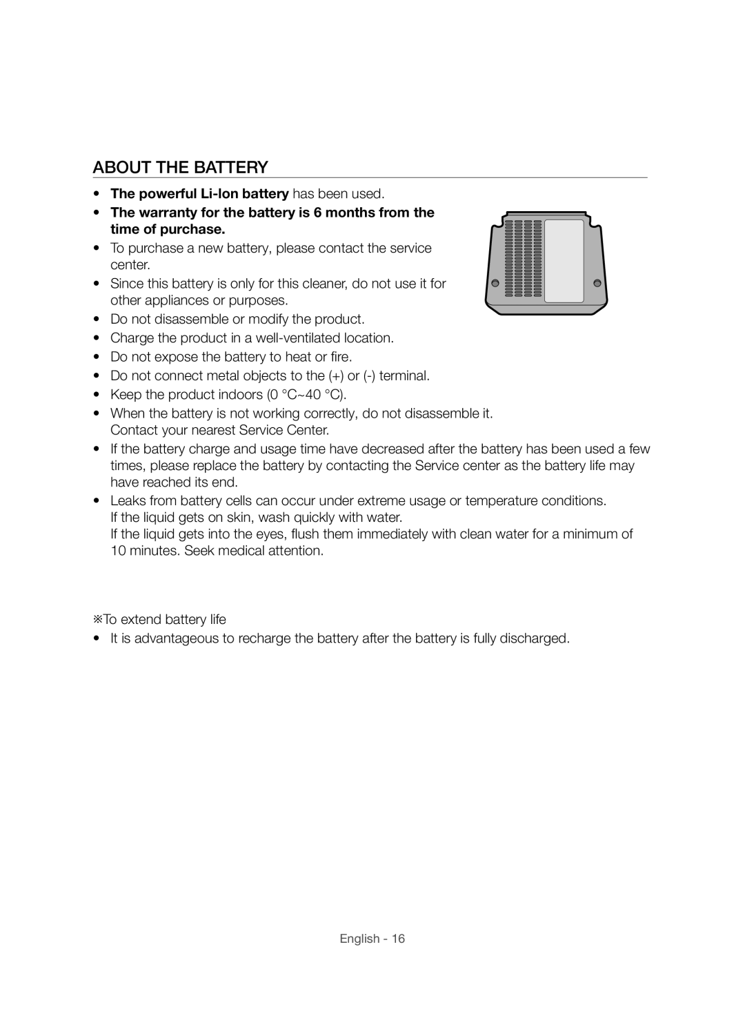 Samsung VC07H8150HQ/GE manual About the Battery 