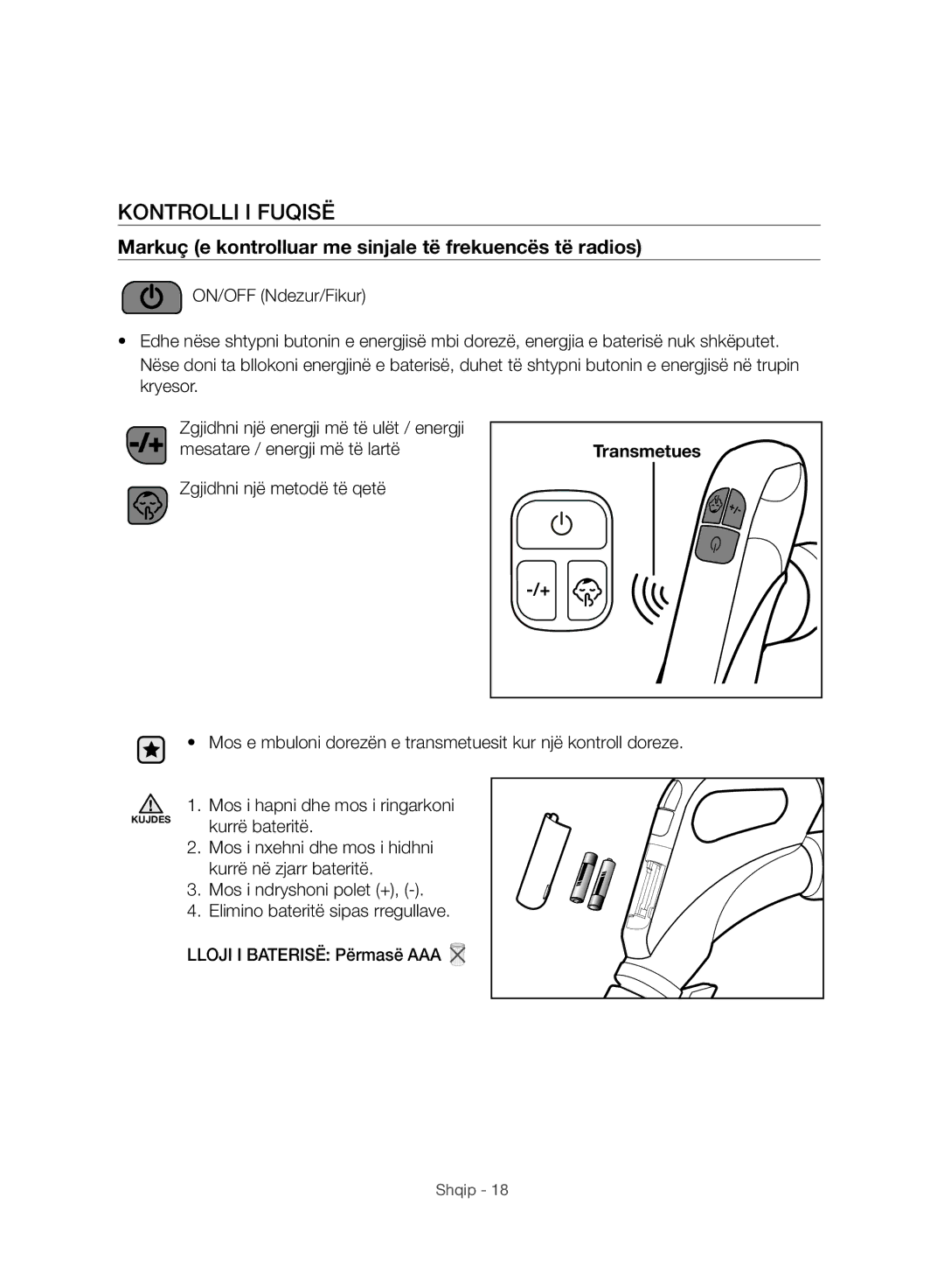 Samsung VC07H8150HQ/GE manual Kontrolli I Fuqisë, Markuç e kontrolluar me sinjale të frekuencës të radios, Transmetues 