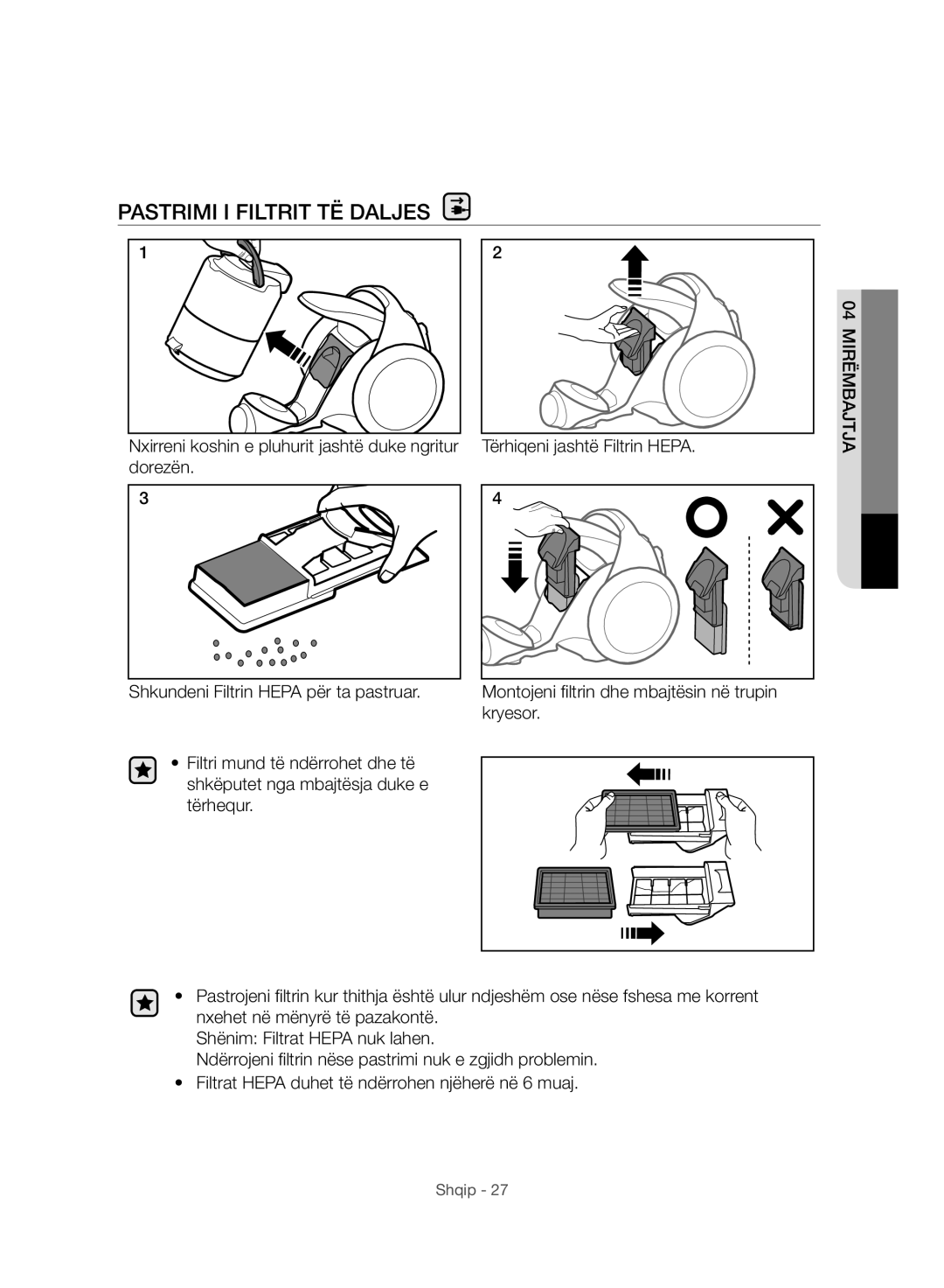 Samsung VC07H8150HQ/GE manual Pastrimi I Filtrit TË Daljes 