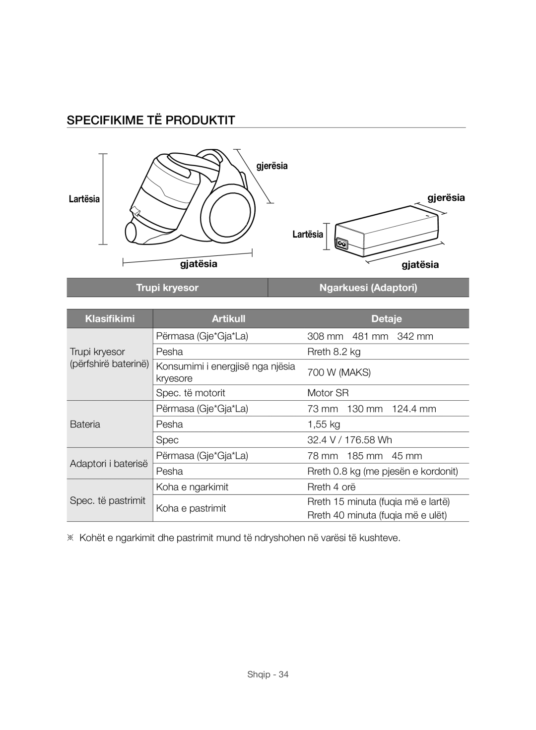 Samsung VC07H8150HQ/GE manual Specifikime TË Produktit, Lartësia Gjerësia Gjatësia 