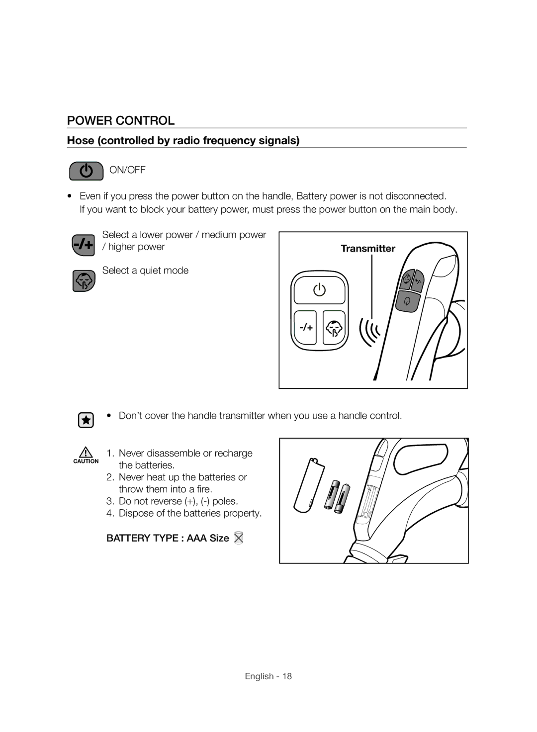 Samsung VC07H8150HQ/GE manual Power Control, Hose controlled by radio frequency signals, Transmitter 