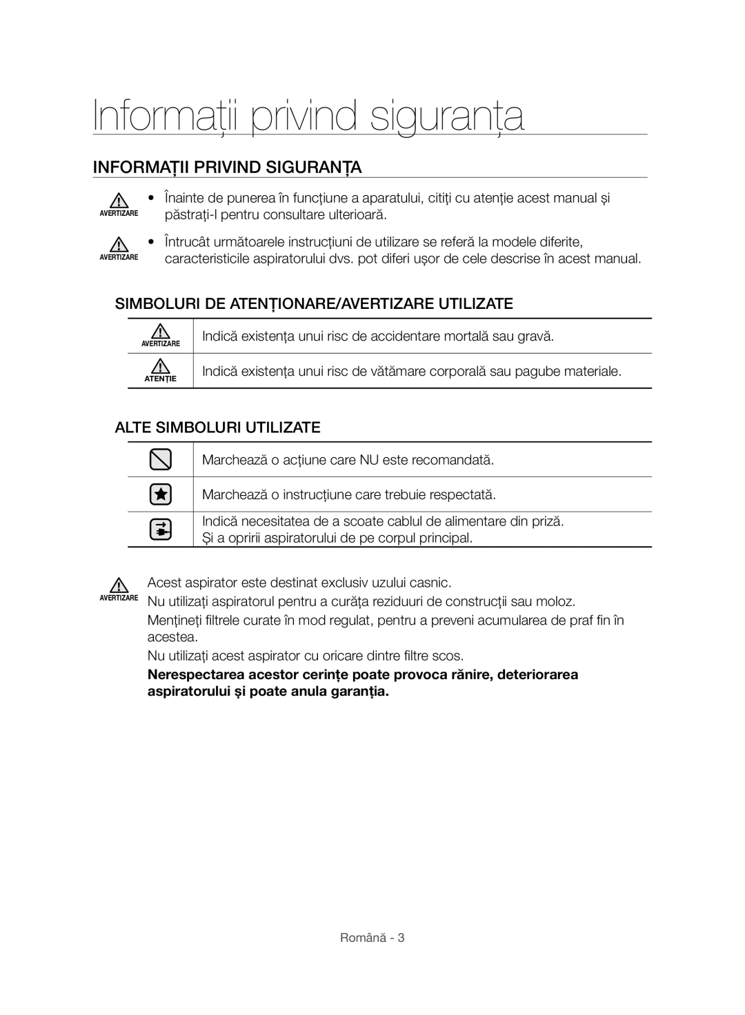 Samsung VC07H8150HQ/GE manual Informaţii privind siguranţa, Informaţii Privind Siguranţa 