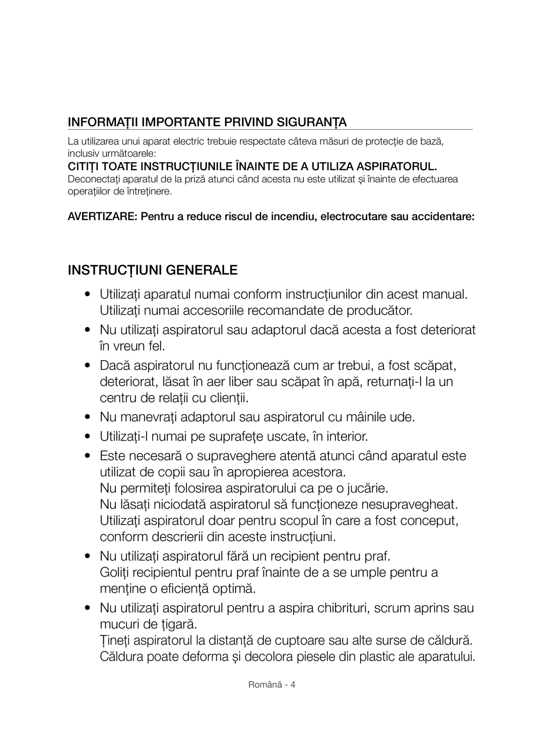 Samsung VC07H8150HQ/GE manual Instrucţiuni Generale, Informaţii Importante Privind Siguranţa 