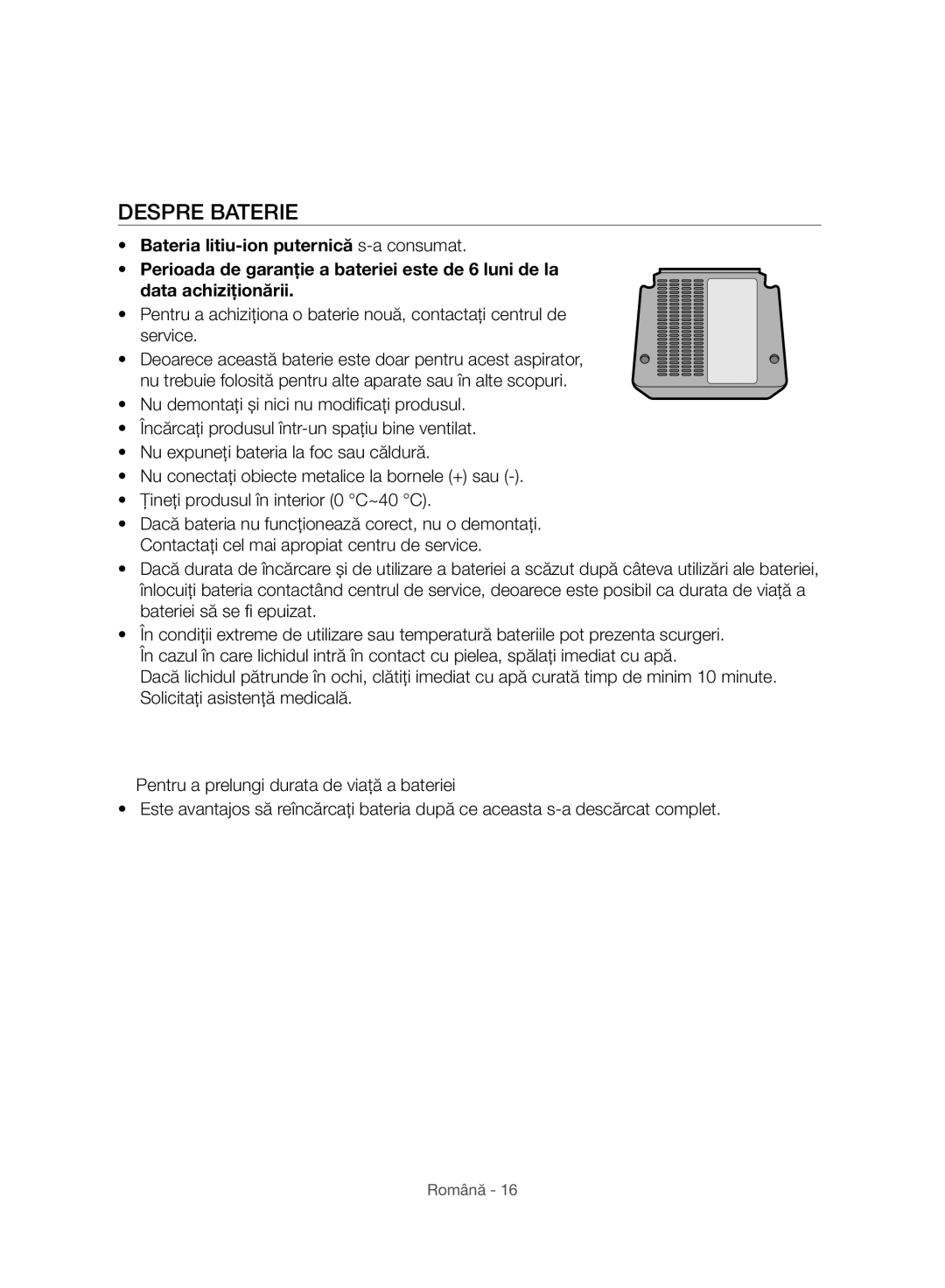 Samsung VC07H8150HQ/GE manual Despre Baterie 