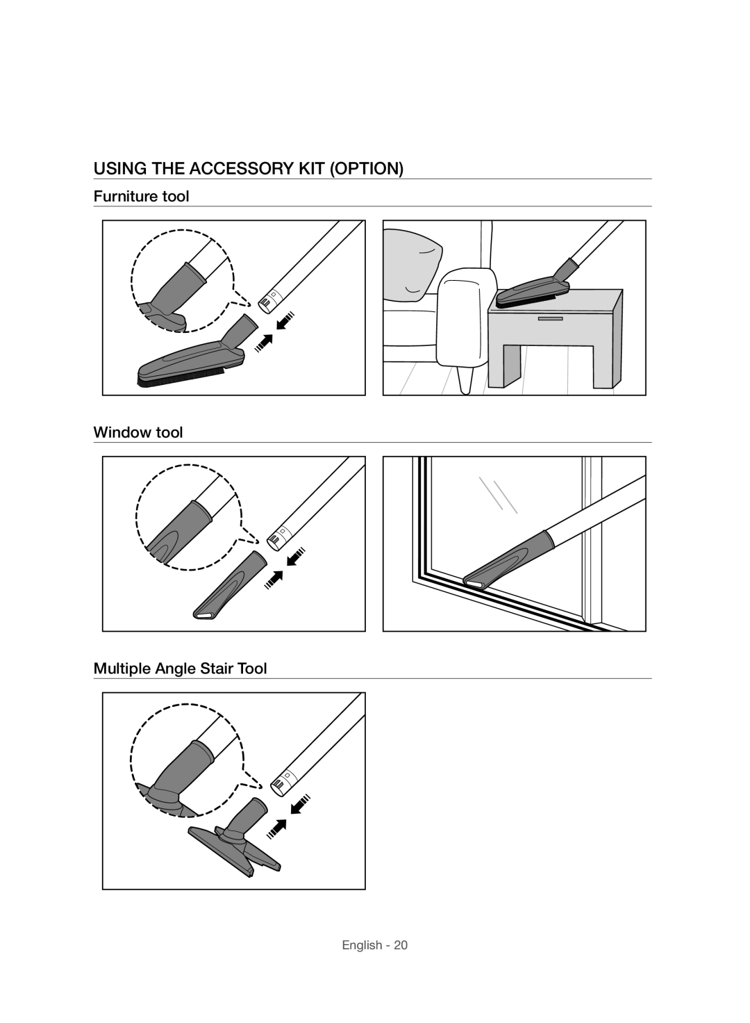 Samsung VC07H8150HQ/GE manual Using the Accessory KIT Option, Furniture tool Window tool Multiple Angle Stair Tool 