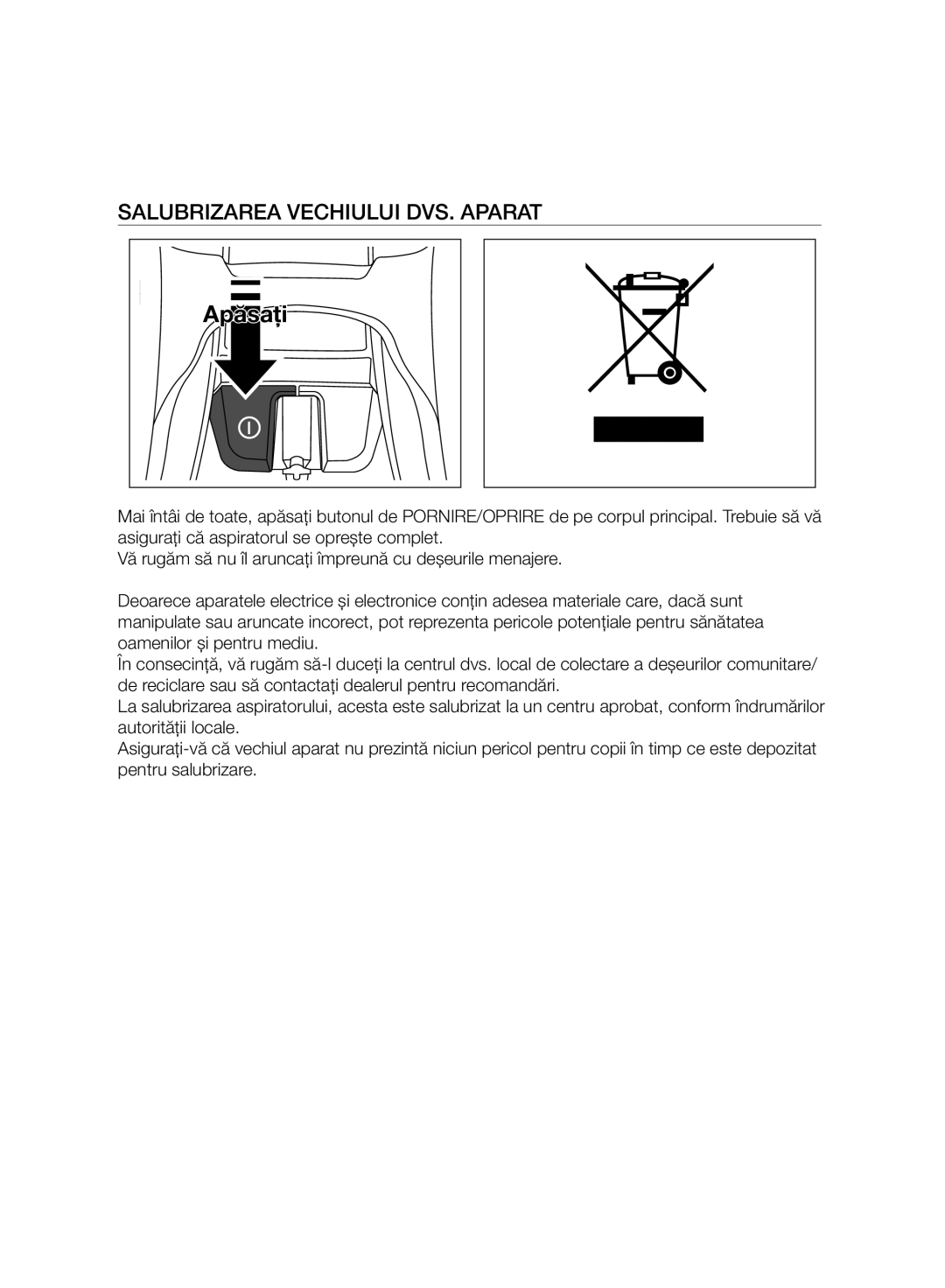 Samsung VC07H8150HQ/GE manual Salubrizarea Vechiului DVS. Aparat 