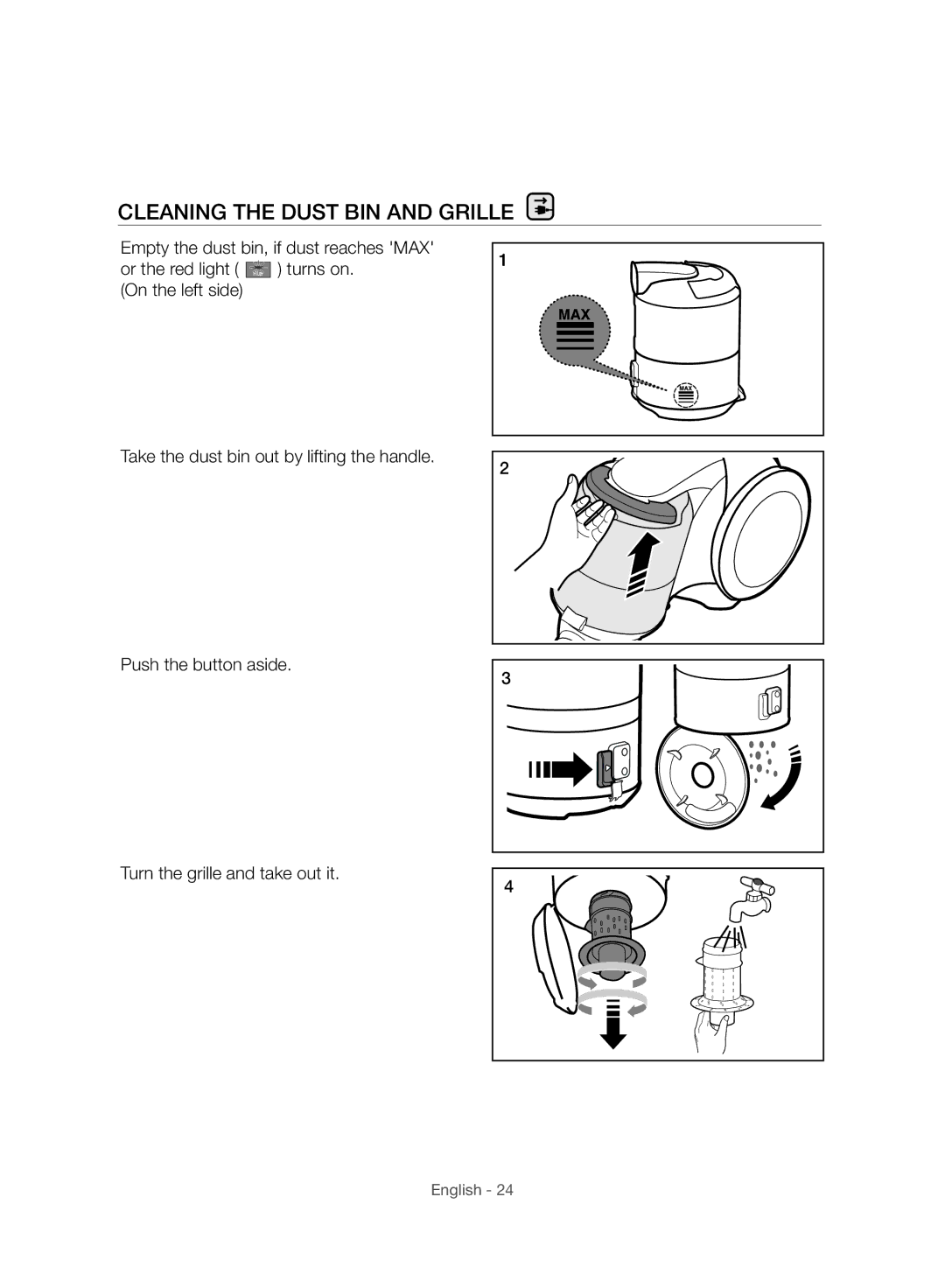 Samsung VC07H8150HQ/GE manual Cleaning the Dust BIN and Grille 