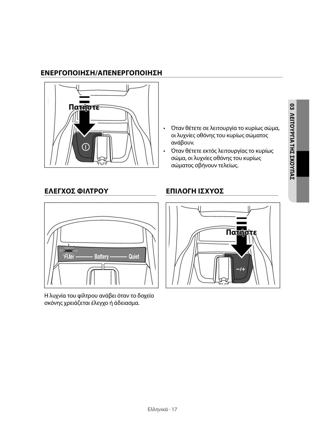 Samsung VC07H8150HQ/GE manual Ενεργοποιηση/Απενεργοποιηση, Επιλογη Ισχυοσ 