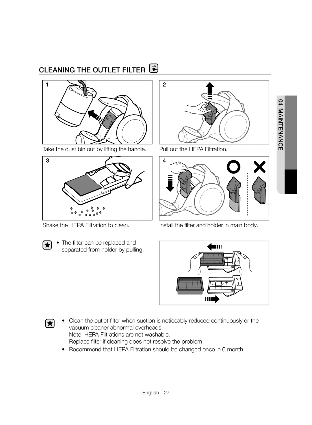 Samsung VC07H8150HQ/GE manual Cleaning the Outlet Filter, Shake the Hepa Filtration to clean 