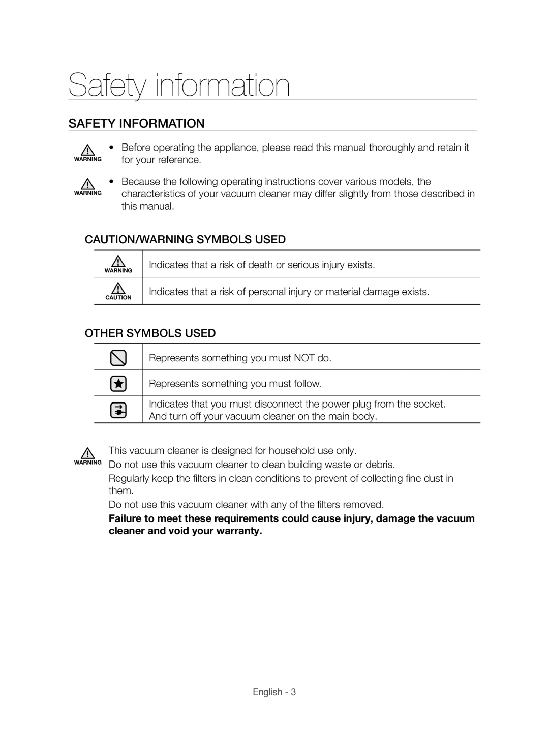 Samsung VC07H8150HQ/GE manual Safety information, Safety Information 