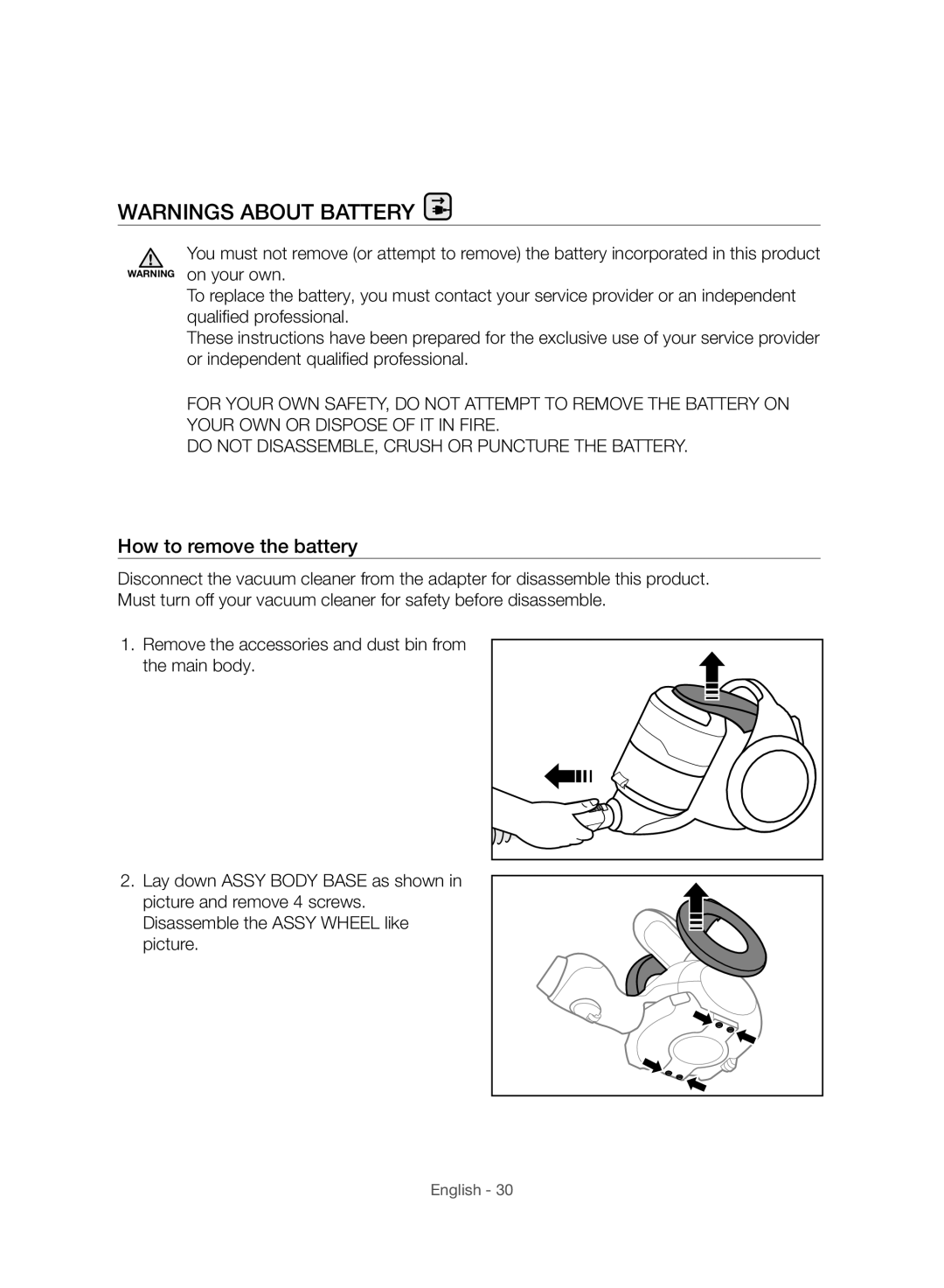 Samsung VC07H8150HQ/GE manual How to remove the battery 