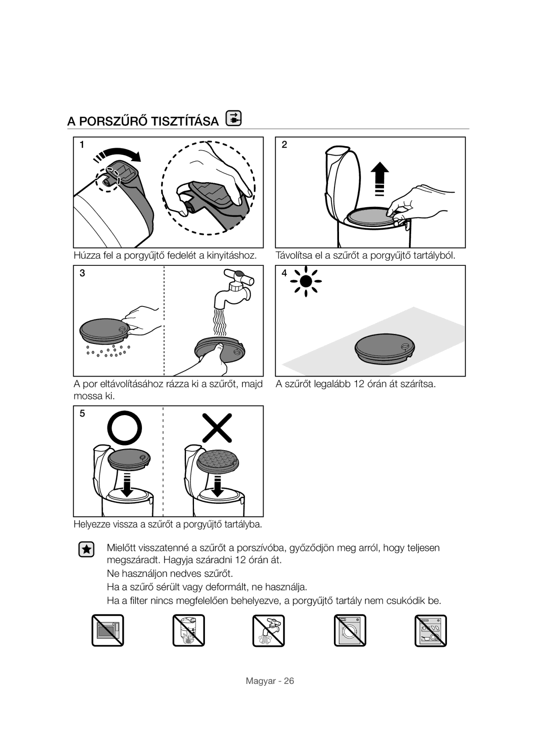 Samsung VC07H8150HQ/GE manual Porszűrő Tisztítása 