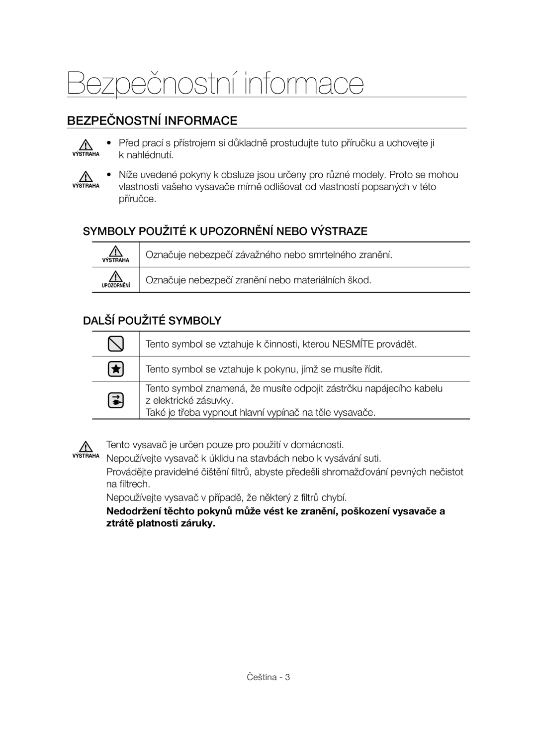 Samsung VC07H8150HQ/GE manual Bezpečnostní informace, Bezpečnostní Informace 