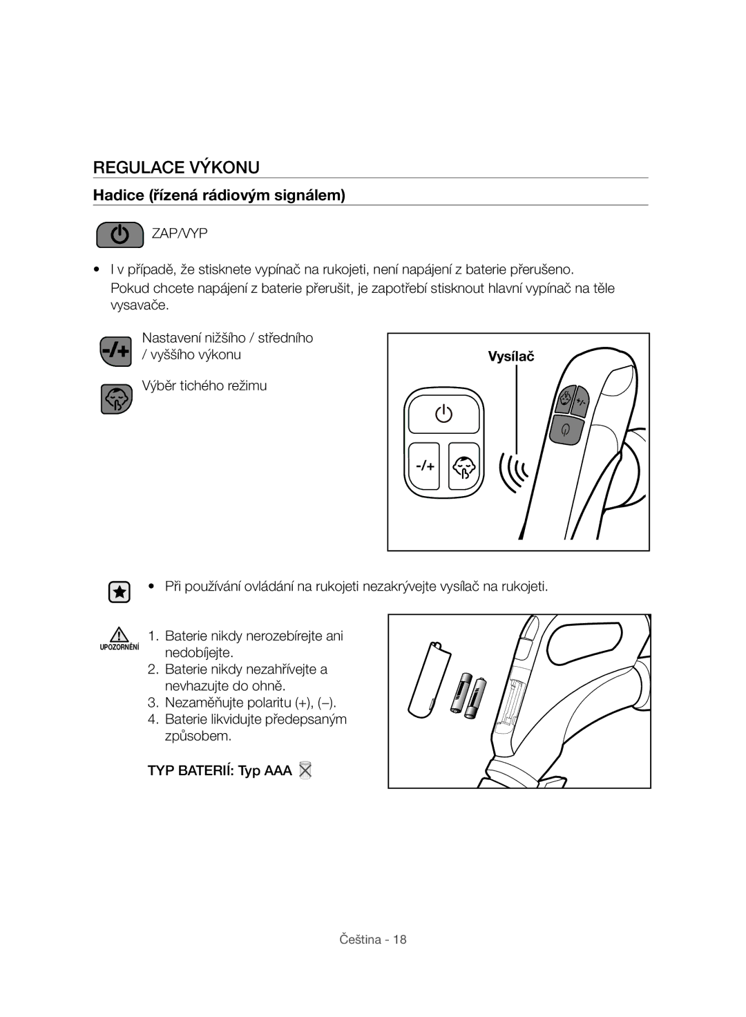 Samsung VC07H8150HQ/GE manual Regulace Výkonu, Hadice řízená rádiovým signálem, Vysílač 