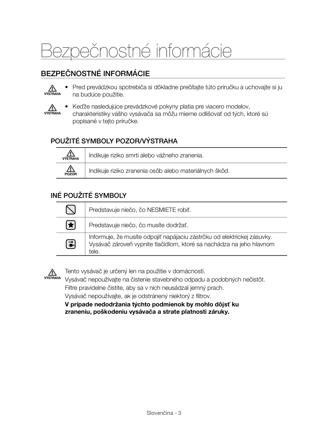 Samsung VC07H8150HQ/GE manual Bezpečnostné informácie, Bezpečnostné Informácie 