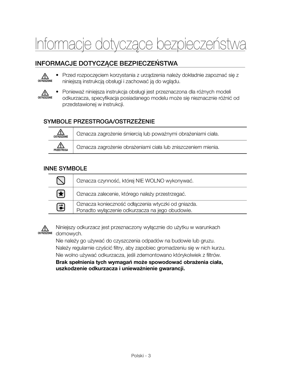 Samsung VC07H8150HQ/GE manual Informacje dotyczące bezpieczeństwa, Informacje Dotyczące Bezpieczeństwa 