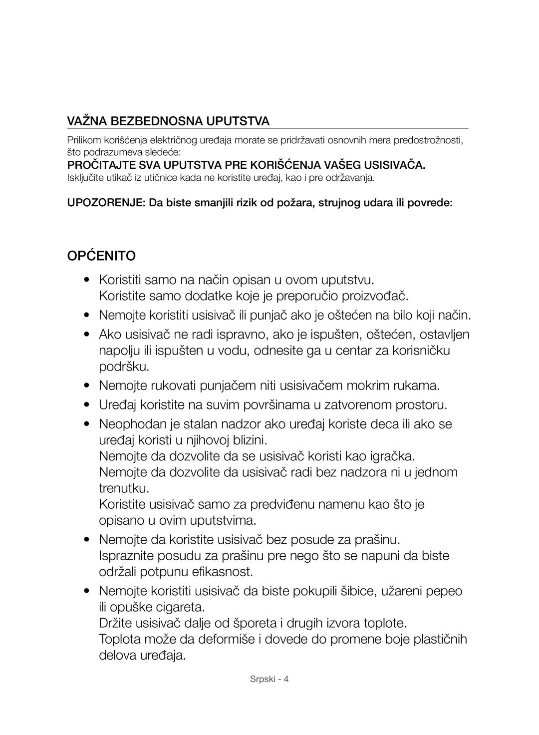 Samsung VC07H8150HQ/GE manual Općenito, Važna Bezbednosna Uputstva 