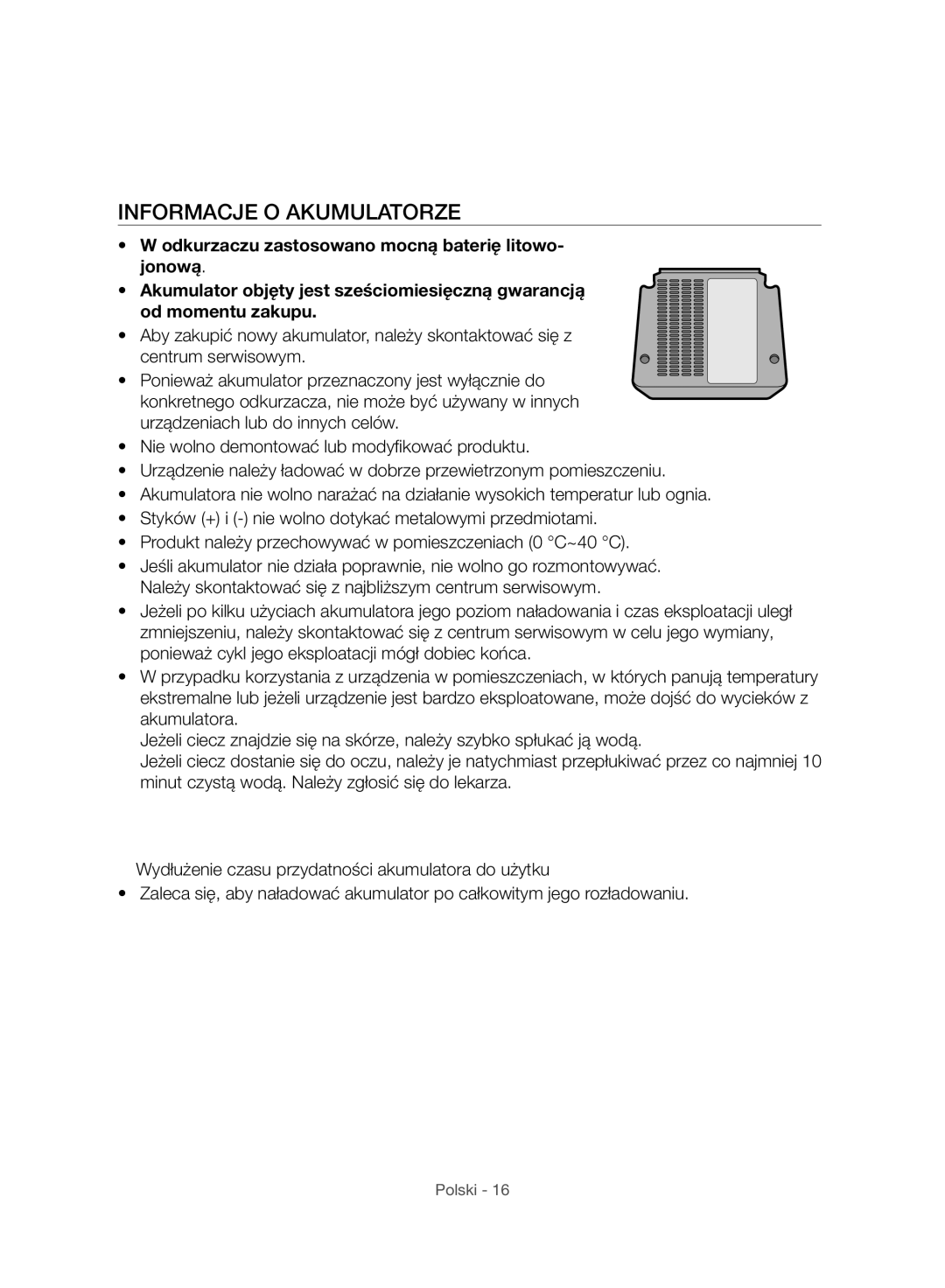 Samsung VC07H8150HQ/GE manual Informacje O Akumulatorze 