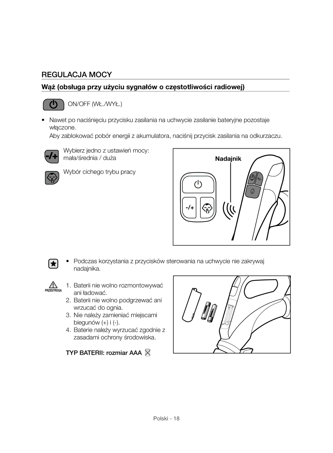 Samsung VC07H8150HQ/GE manual Regulacja Mocy, Wąż obsługa przy użyciu sygnałów o częstotliwości radiowej, Nadajnik 