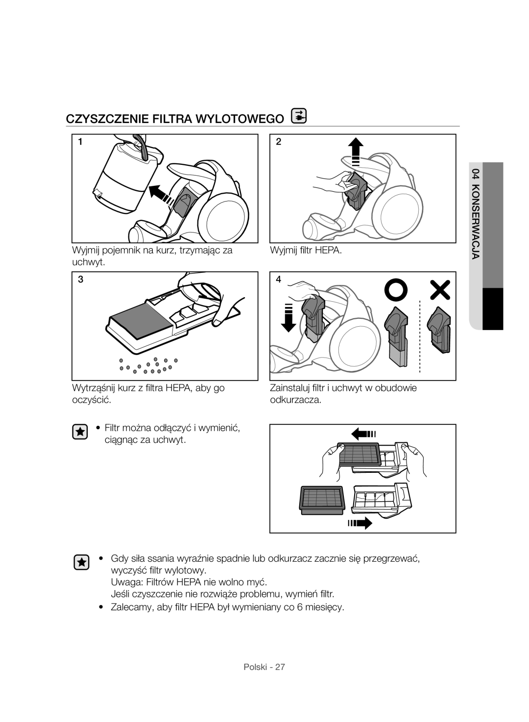 Samsung VC07H8150HQ/GE manual Czyszczenie Filtra Wylotowego 