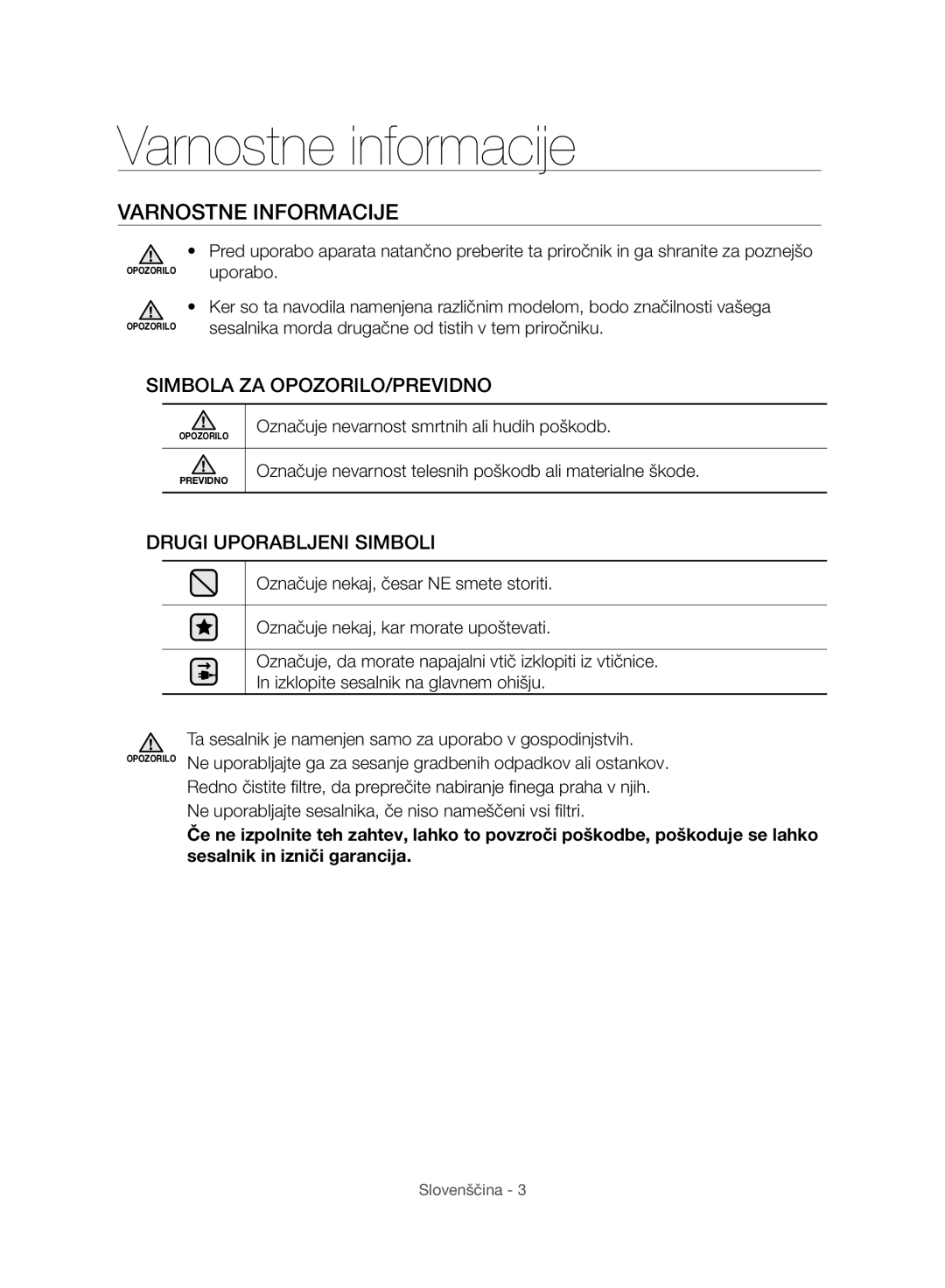 Samsung VC07H8150HQ/GE manual Varnostne informacije, Varnostne Informacije 